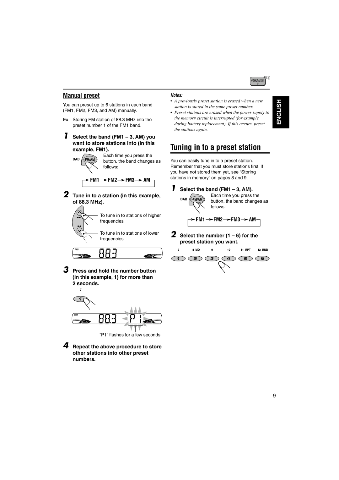 JVC GET0114-001A manual Manual preset, P1 flashes for a few seconds 