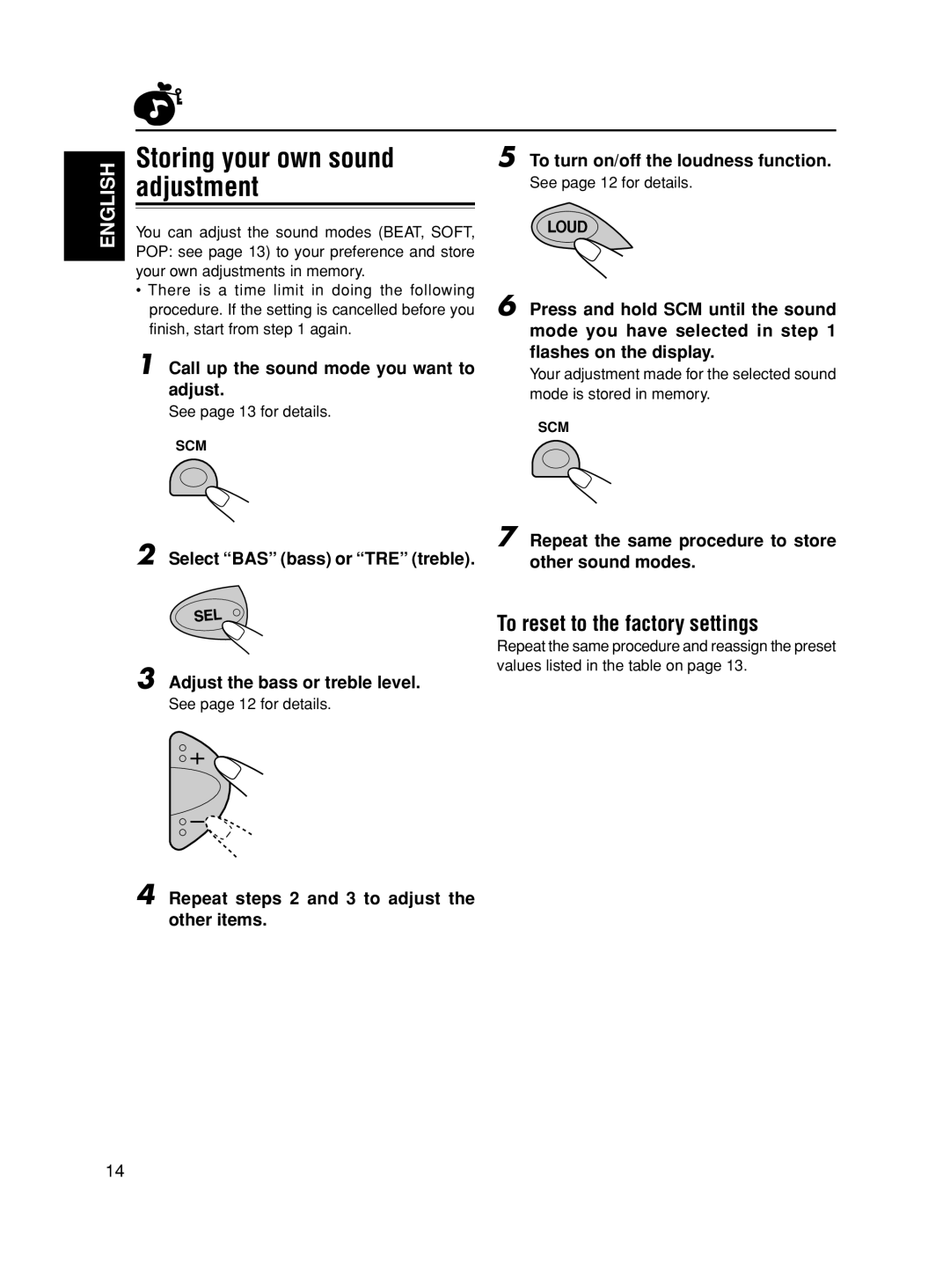 JVC GET0117-001A, KD-S595 manual Storing your own sound adjustment, To reset to the factory settings 