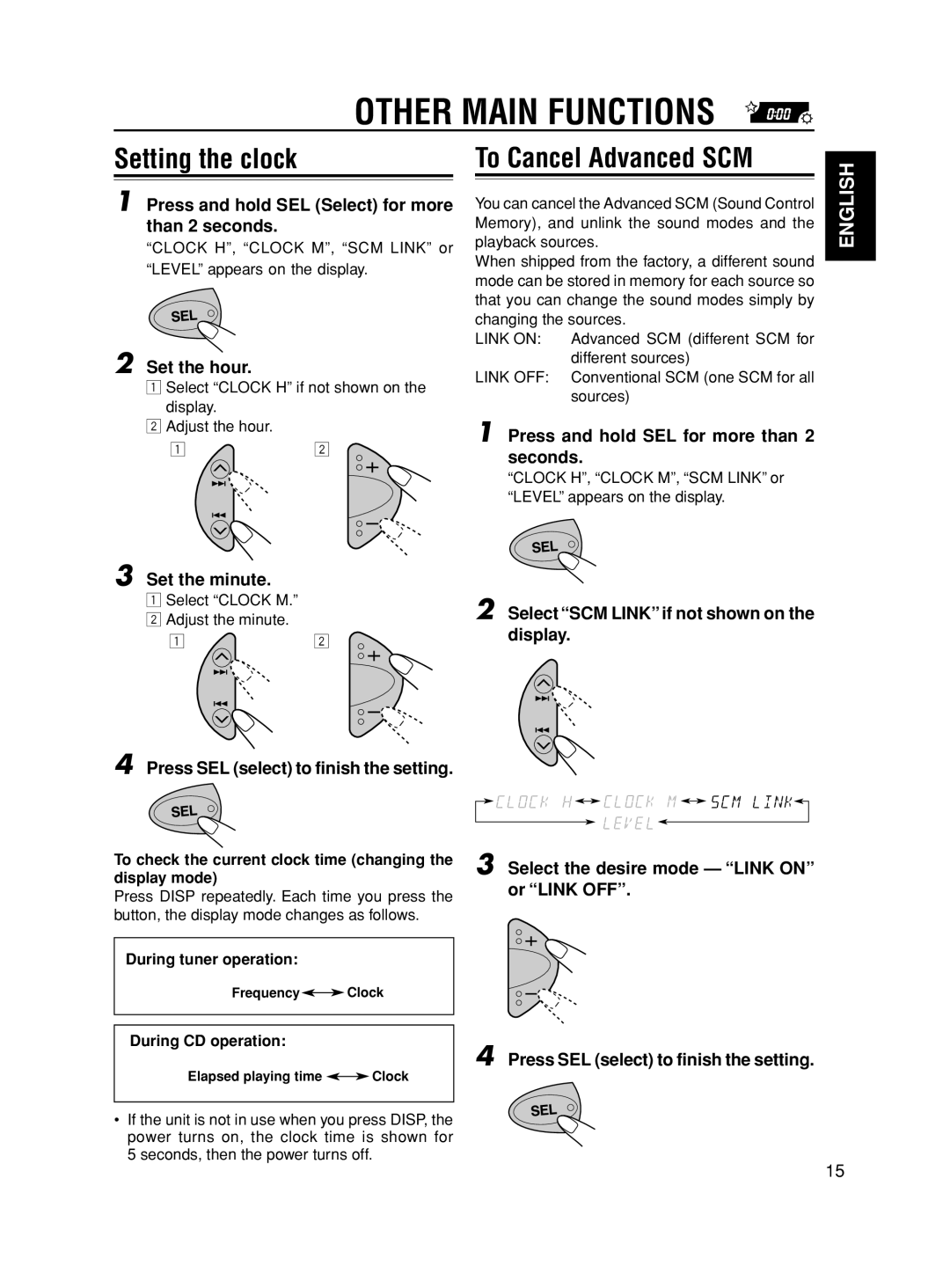 JVC KD-S595, GET0117-001A manual Other Main Functions, Setting the clock, To Cancel Advanced SCM 