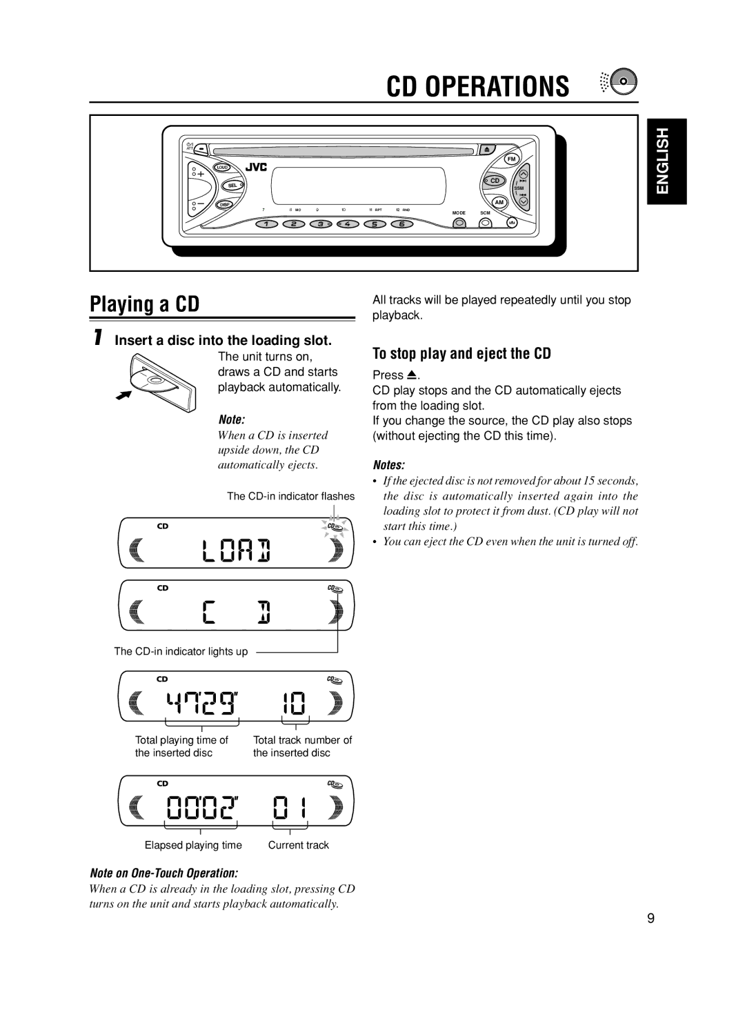 JVC KD-S595, GET0117-001A CD Operations, Playing a CD, To stop play and eject the CD, Insert a disc into the loading slot 