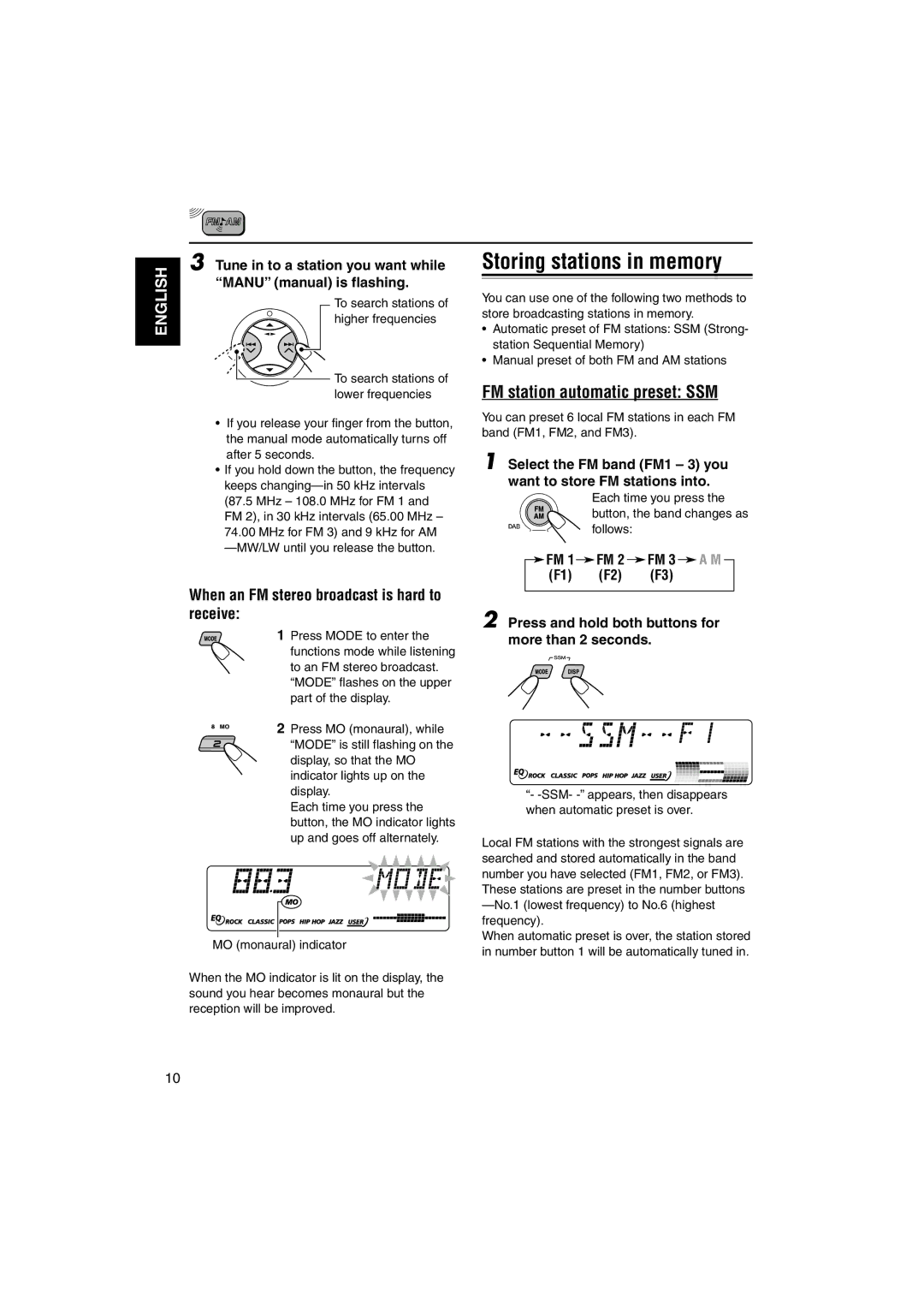 JVC GET0122-001A manual Storing stations in memory, FM station automatic preset SSM 