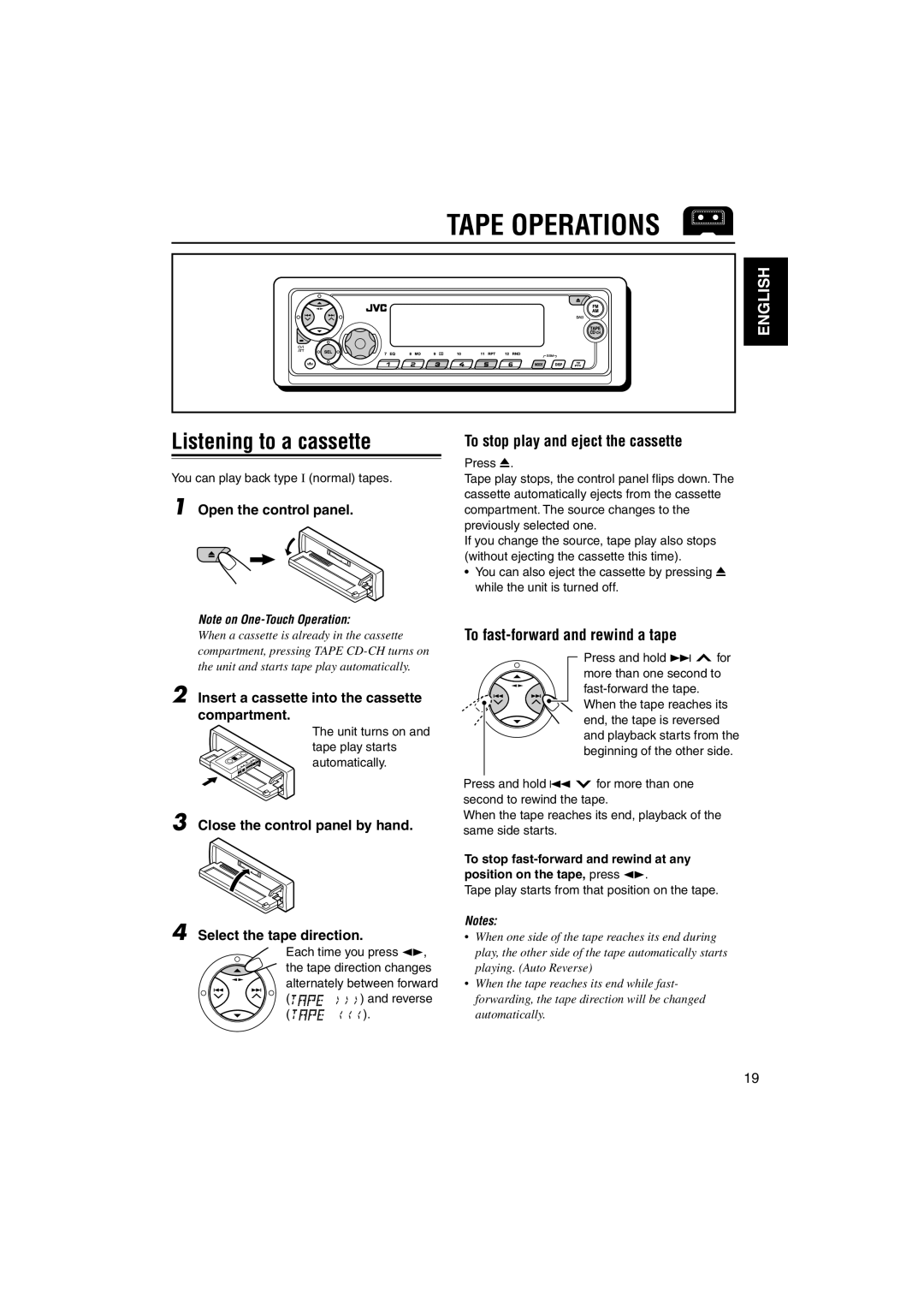 JVC GET0122-001A manual Tape Operations, Listening to a cassette, To stop play and eject the cassette 