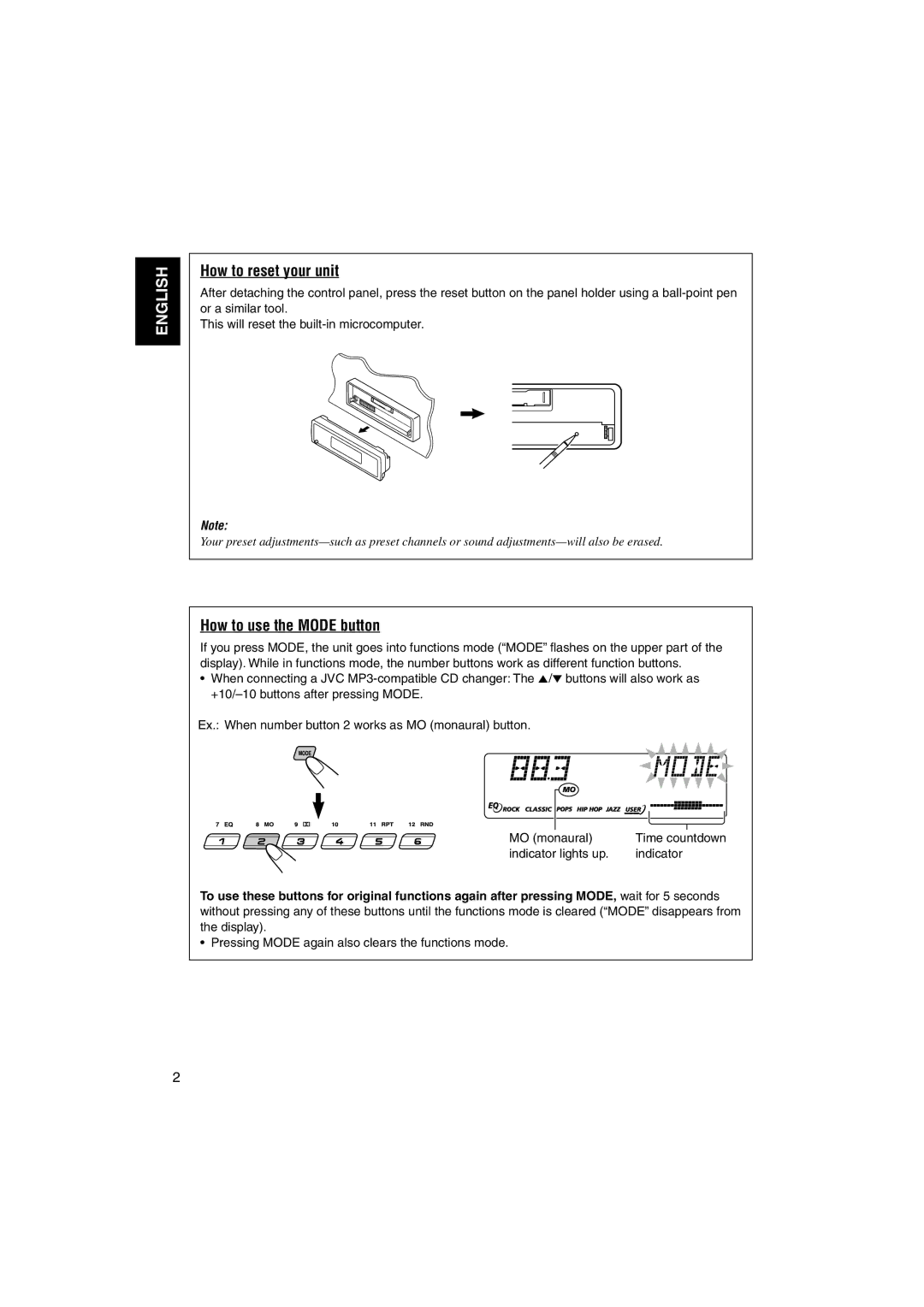 JVC GET0122-001A manual How to reset your unit, How to use the Mode button, Indicator lights up 