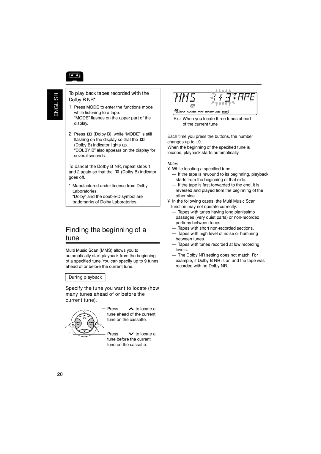 JVC GET0122-001A manual Finding the beginning of a tune, Dolby B NR, To play back tapes recorded with, During playback 