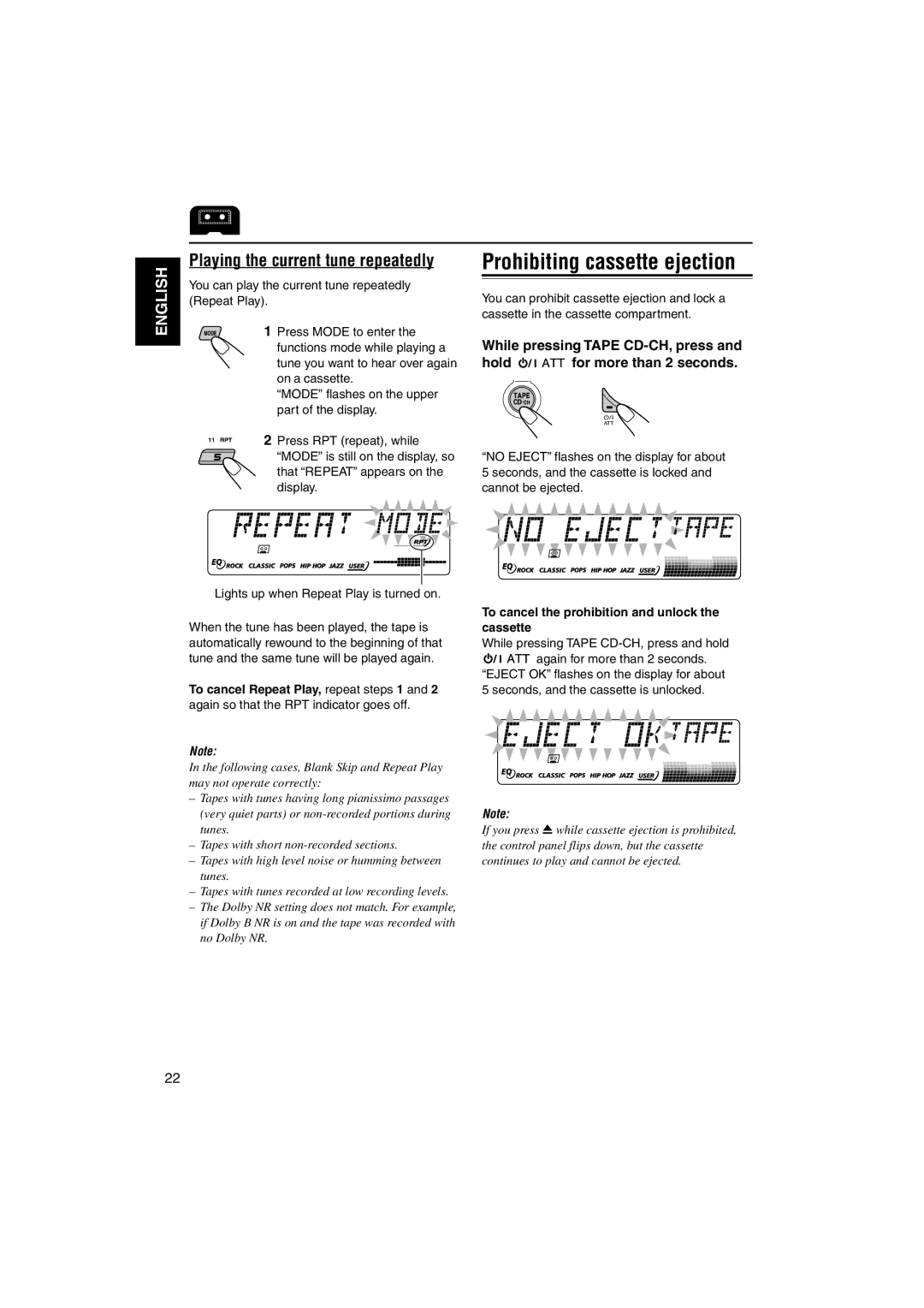 JVC GET0122-001A manual Prohibiting cassette ejection, Playing the current tune repeatedly 