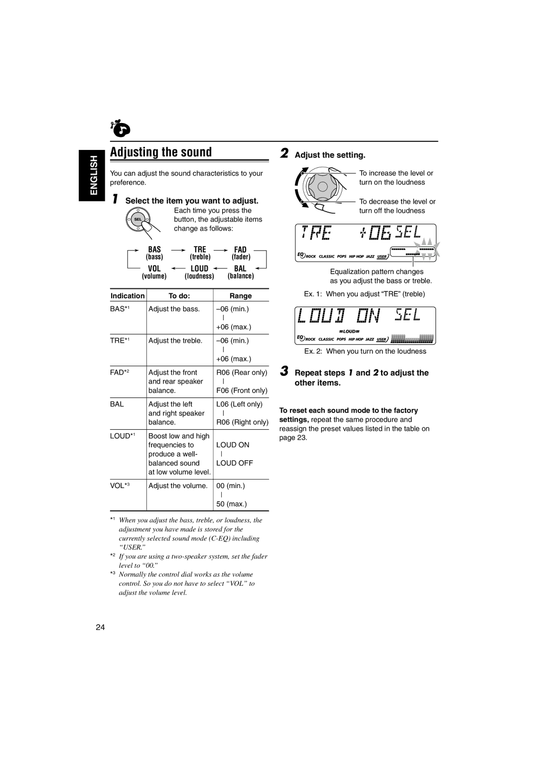 JVC GET0122-001A manual Adjusting the sound, Bas, Vol 