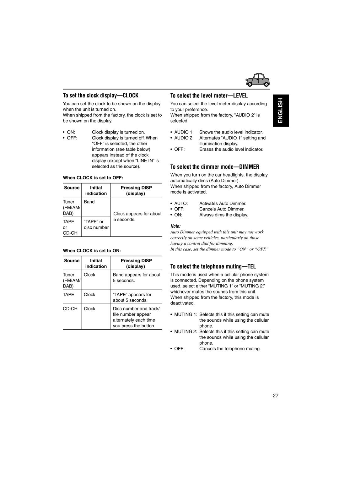 JVC GET0122-001A manual To set the clock display-CLOCK, To select the level meter-LEVEL, To select the dimmer mode-DIMMER 