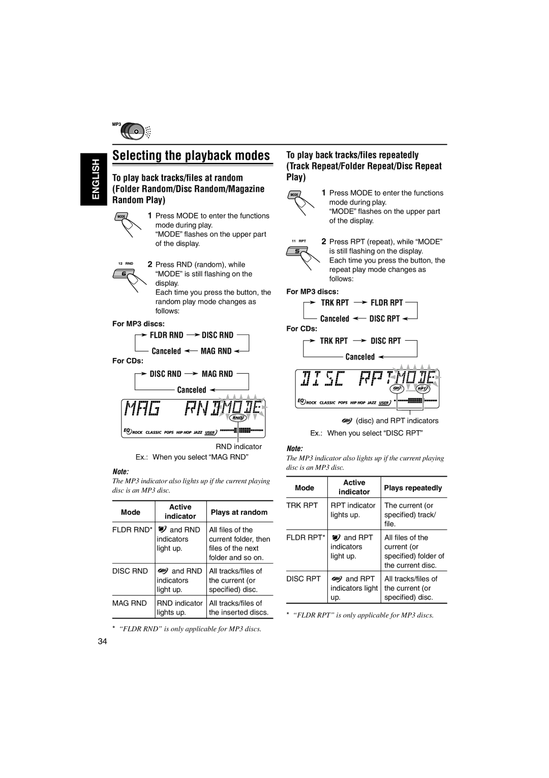 JVC GET0122-001A manual To play back tracks/files at random, Random Play, Mag Rnd, TRK RPT Fldr RPT, TRK RPT Disc RPT 