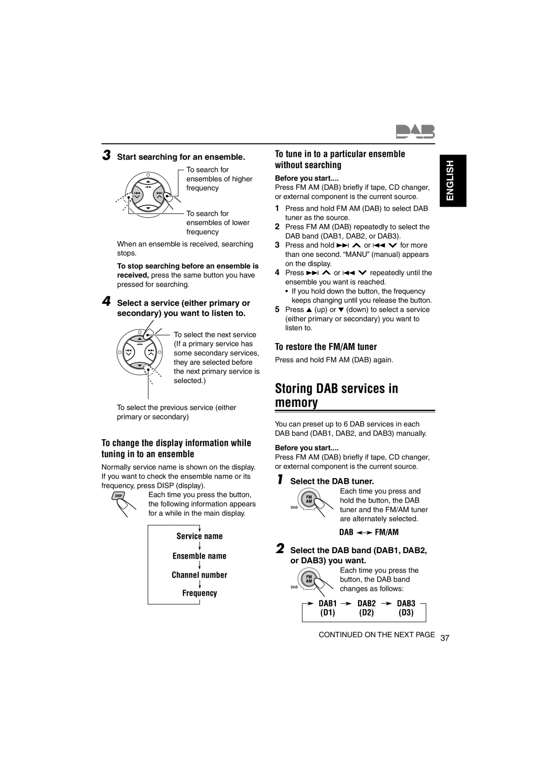 JVC GET0122-001A manual Storing DAB services in memory, To tune in to a particular ensemble without searching 