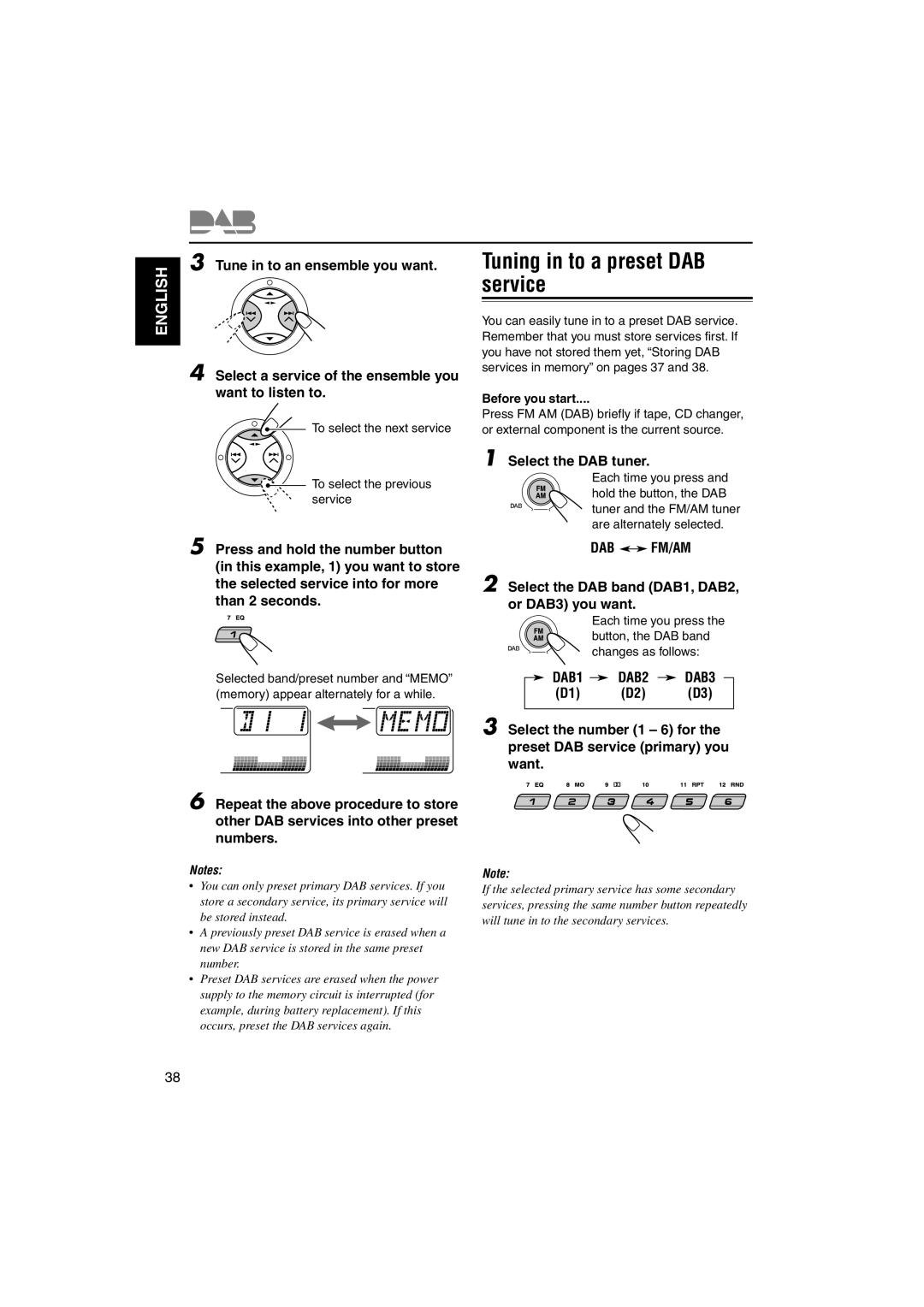 JVC GET0122-001A manual Tuning in to a preset DAB service, To select the next service To select the previous service 