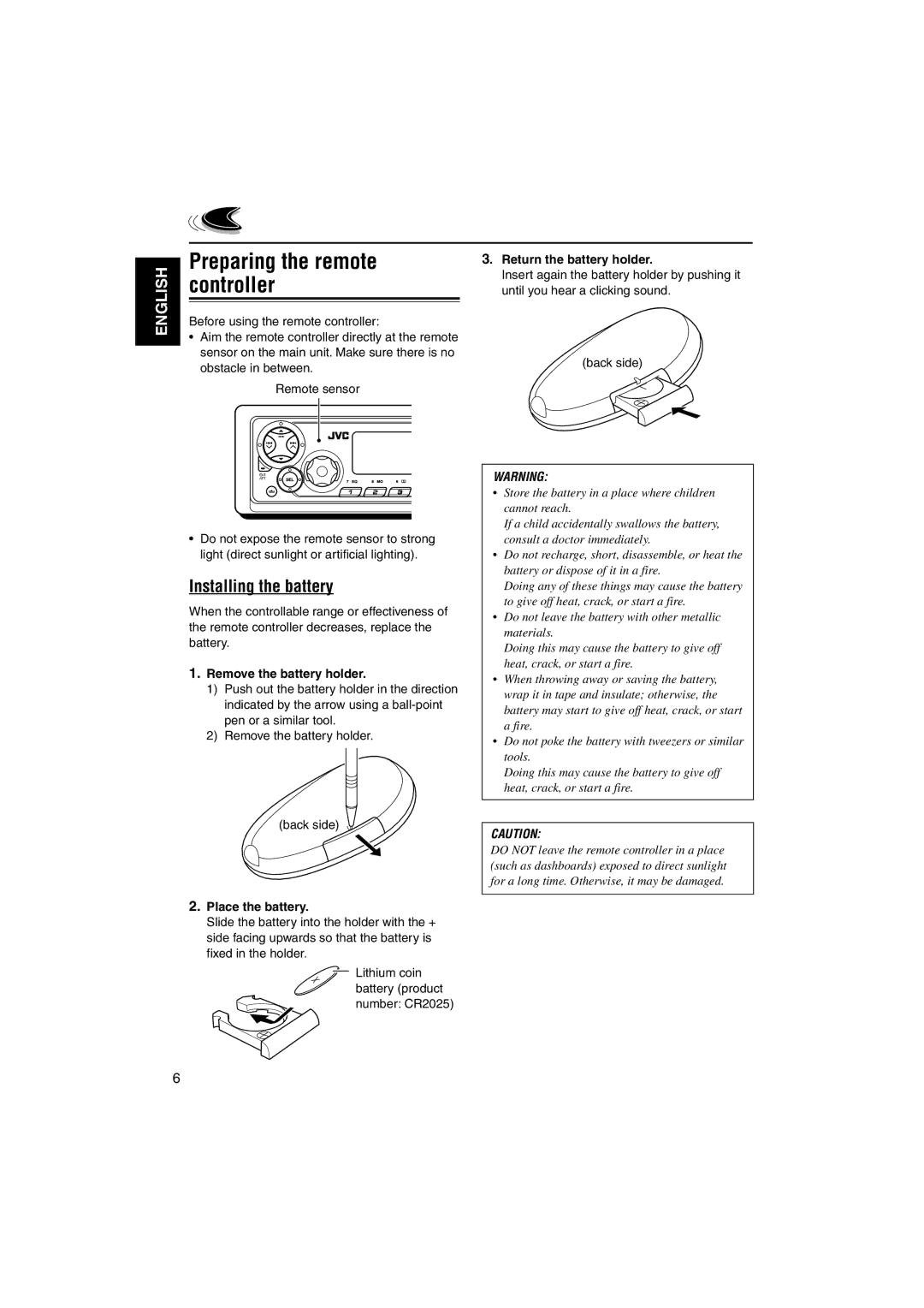 JVC GET0122-001A Preparing the remote controller, Installing the battery, Remove the battery holder, Place the battery 