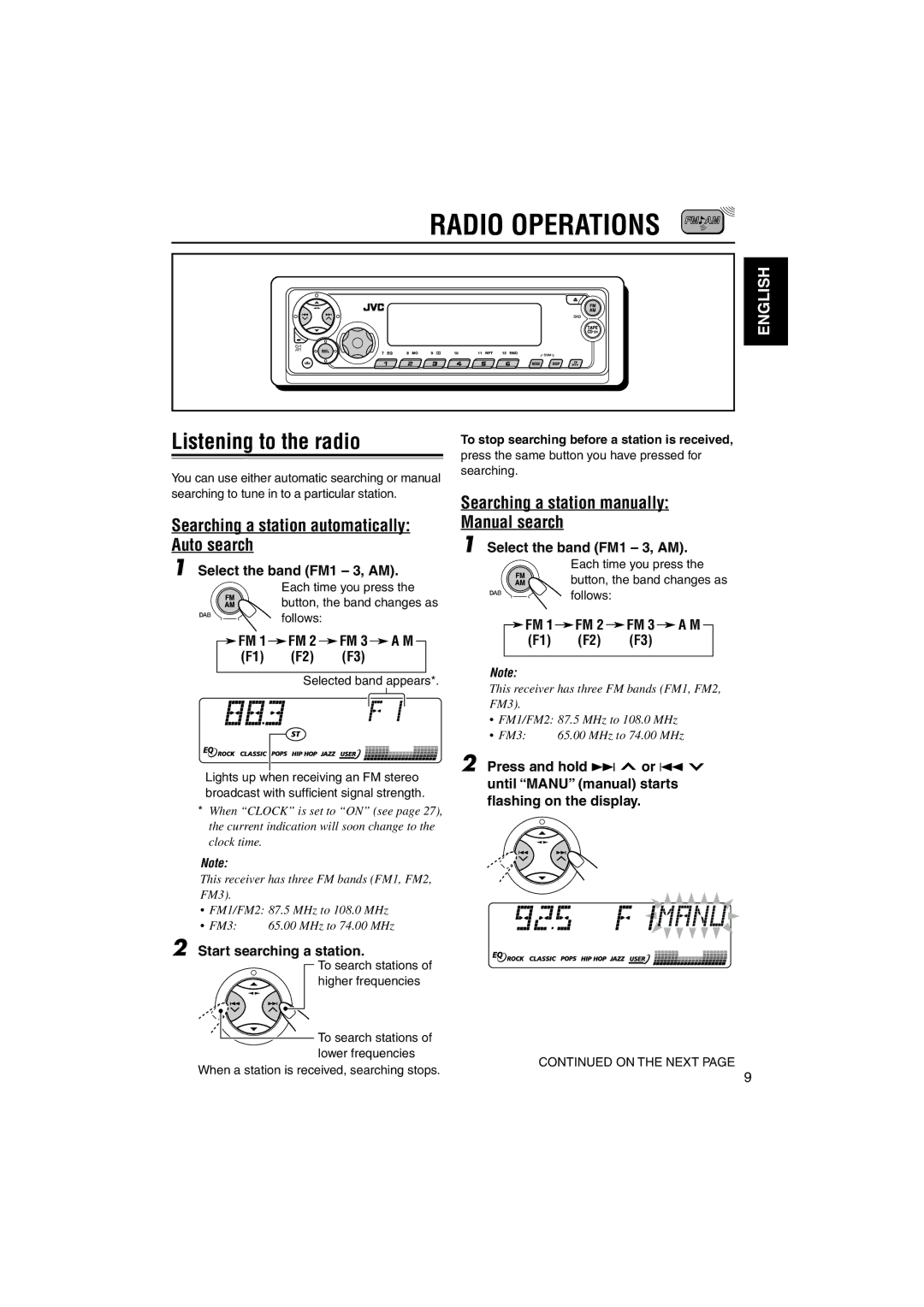 JVC GET0122-001A manual Radio Operations, Listening to the radio, Searching a station automatically Auto search 