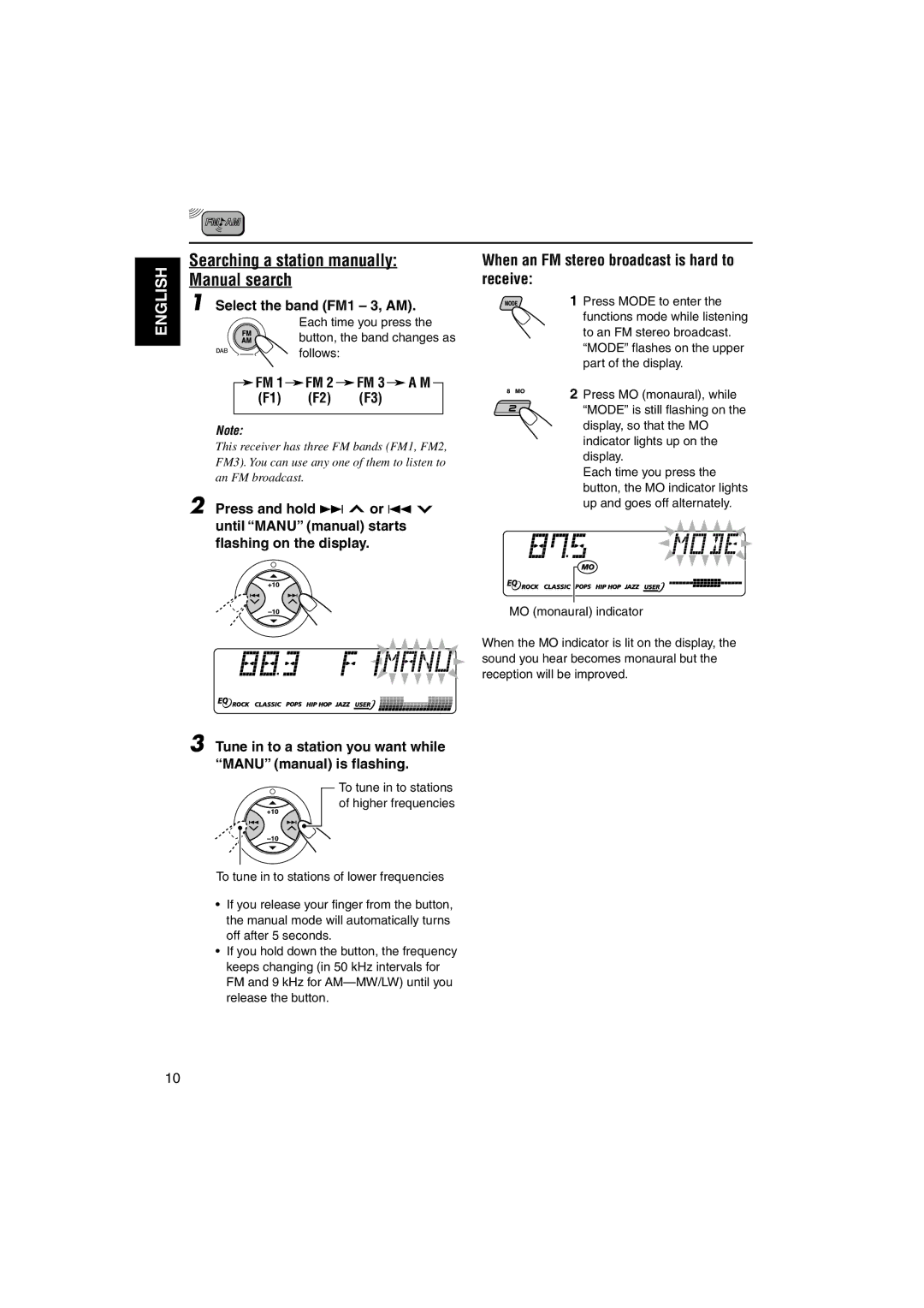 JVC GET0125-001A Searching a station manually Manual search, When an FM stereo broadcast is hard to receive 