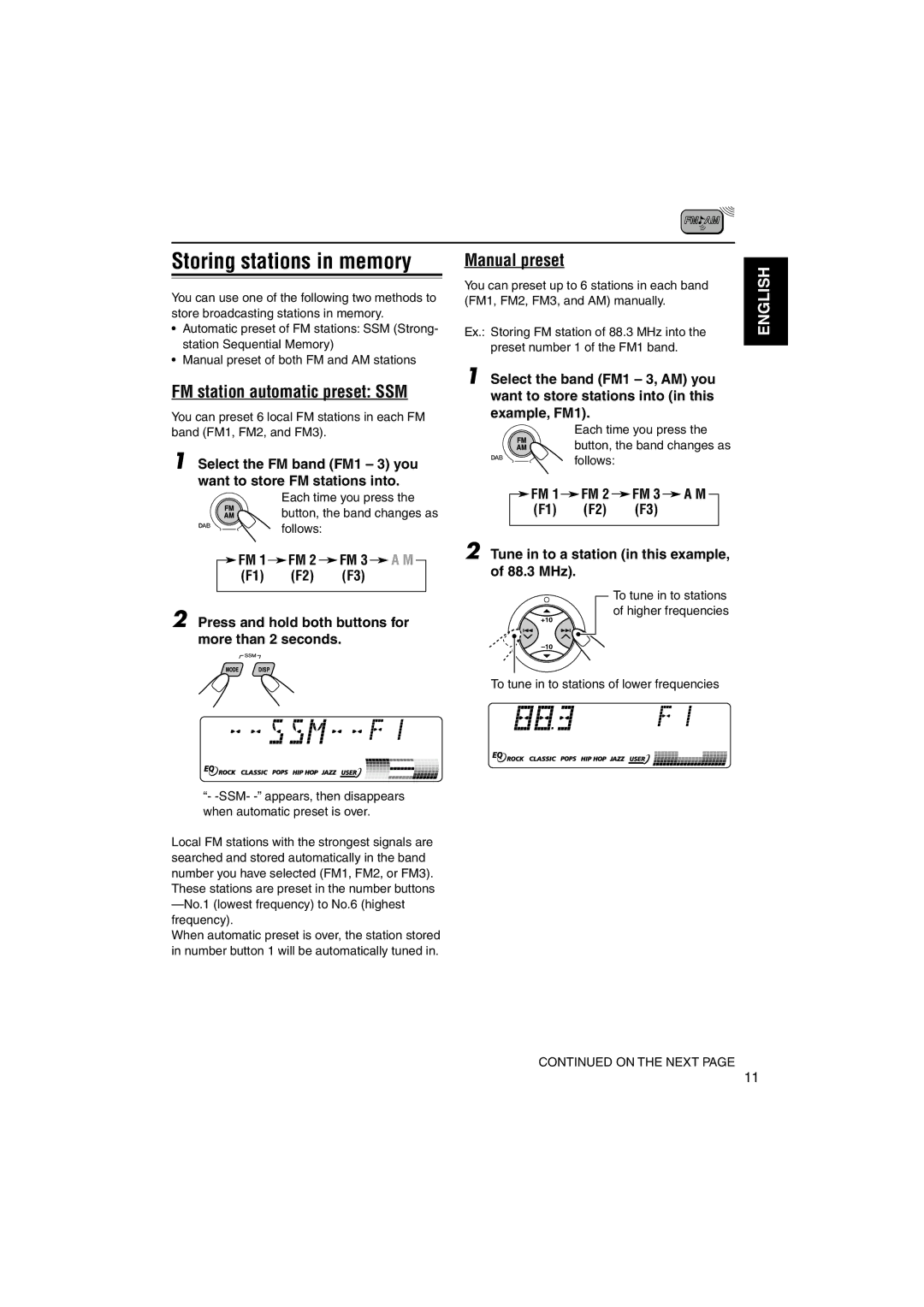 JVC GET0125-001A manual Storing stations in memory, FM station automatic preset SSM, Manual preset 