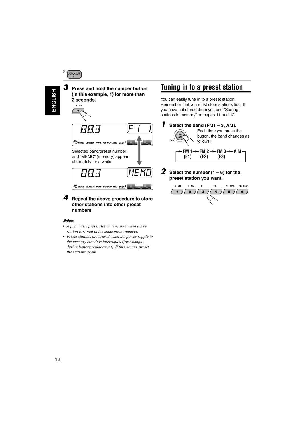 JVC GET0125-001A Tuning in to a preset station, Press and hold the number button, This example, 1 for more than, Seconds 