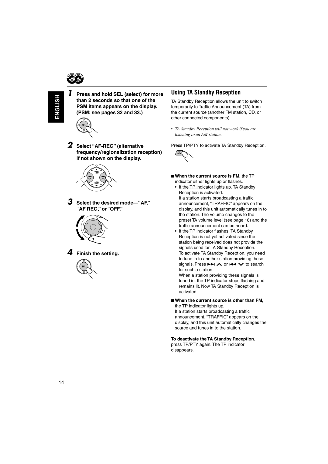 JVC GET0125-001A manual Using TA Standby Reception, Press TP/PTY to activate TA Standby Reception 