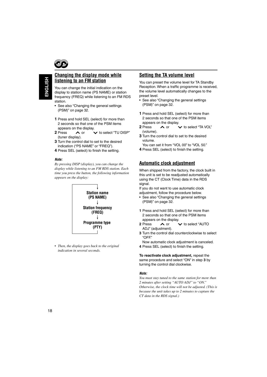 JVC GET0125-001A manual Listening to an FM station, Setting the TA volume level, Automatic clock adjustment 