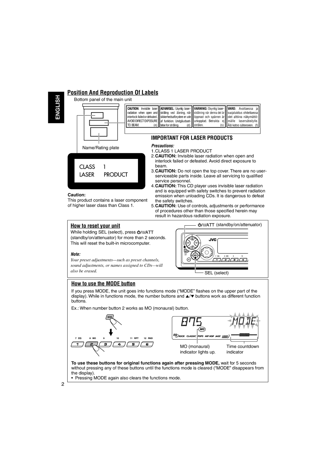 JVC GET0125-001A manual Position And Reproduction Of Labels, How to reset your unit, How to use the Mode button 