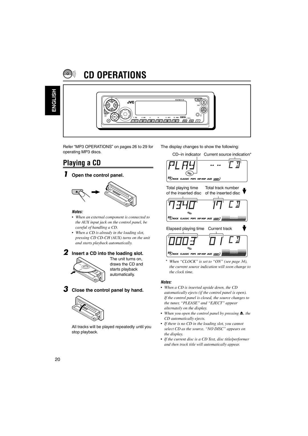 JVC GET0125-001A manual CD Operations, Playing a CD, Open the control panel, Insert a CD into the loading slot 