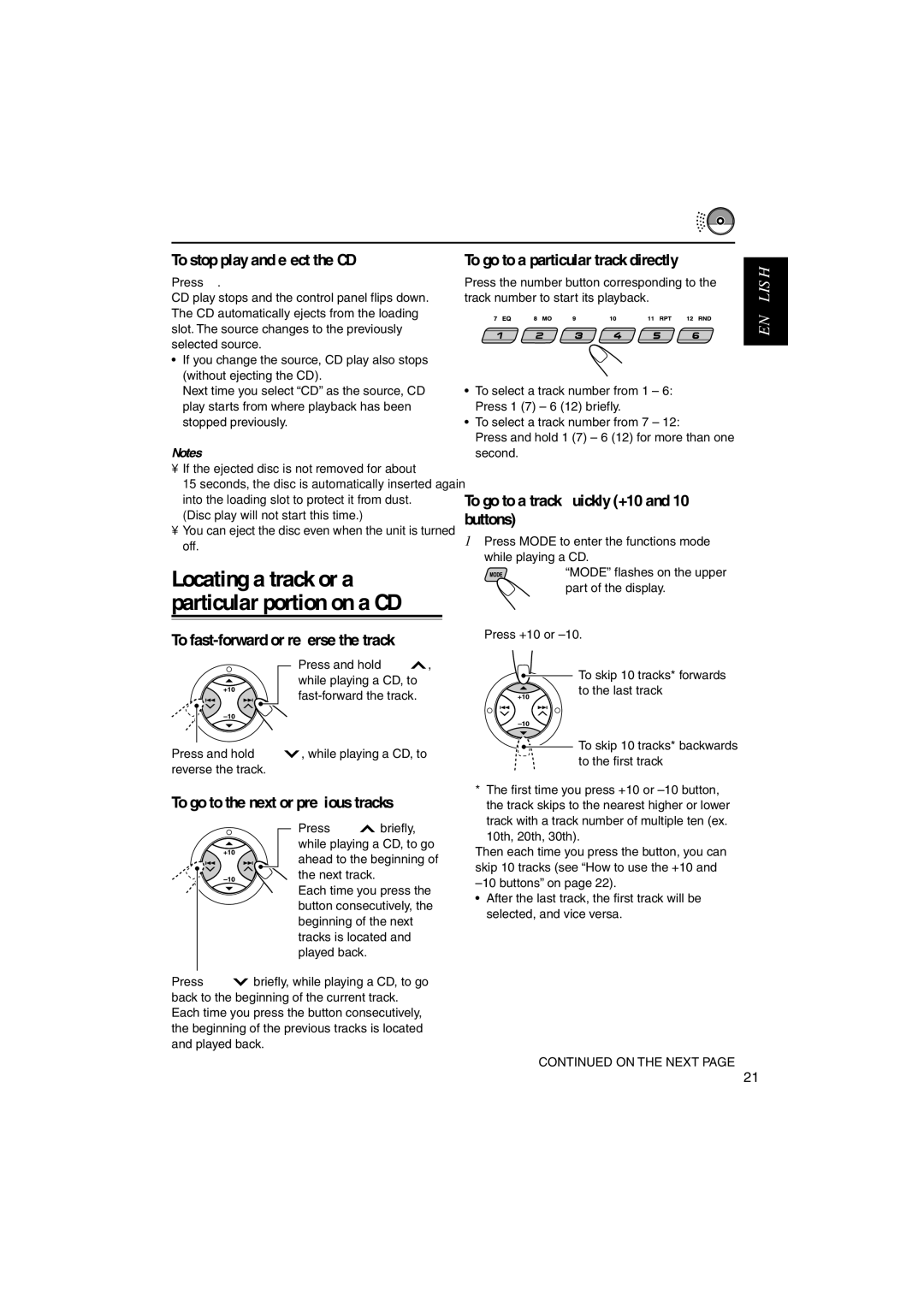 JVC GET0125-001A To stop play and eject the CD, To fast-forward or reverse the track, To go to the next or previous tracks 