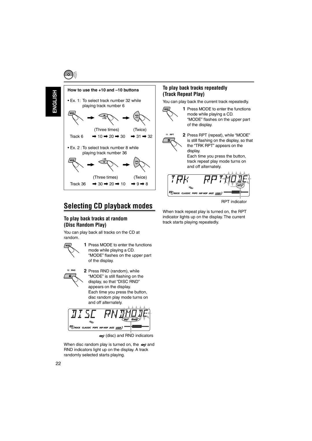 JVC GET0125-001A manual To play back tracks at random Disc Random Play, How to use the +10 and -10 buttons 