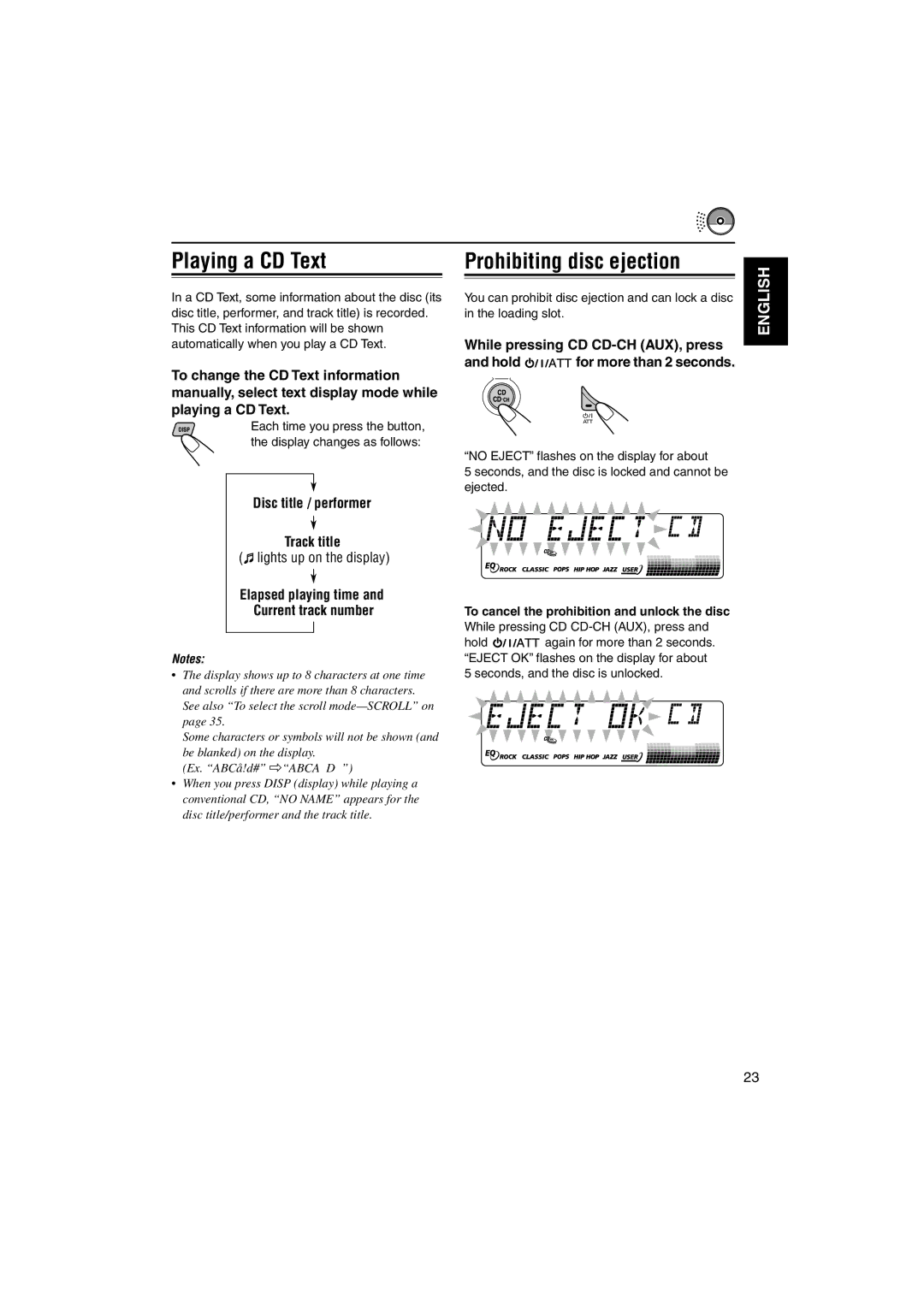 JVC GET0125-001A manual Playing a CD Text Prohibiting disc ejection, Disc title / performer Track title 