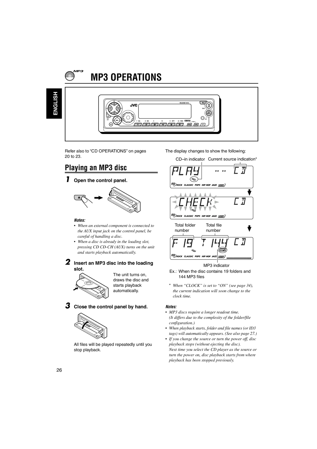 JVC GET0125-001A manual MP3 Operations, Playing an MP3 disc, Insert an MP3 disc into the loading slot 