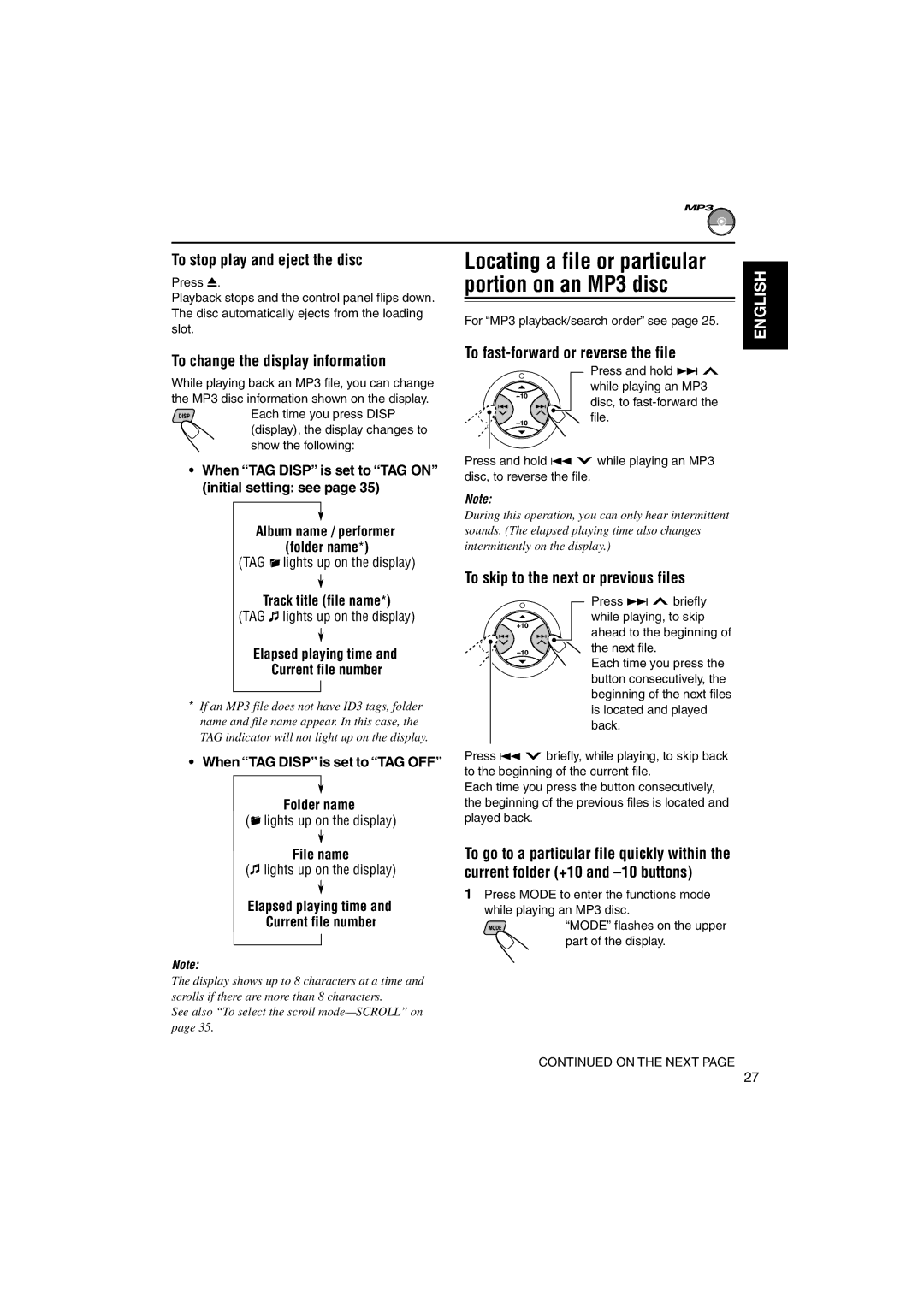 JVC GET0125-001A To stop play and eject the disc, To change the display information, To fast-forward or reverse the file 