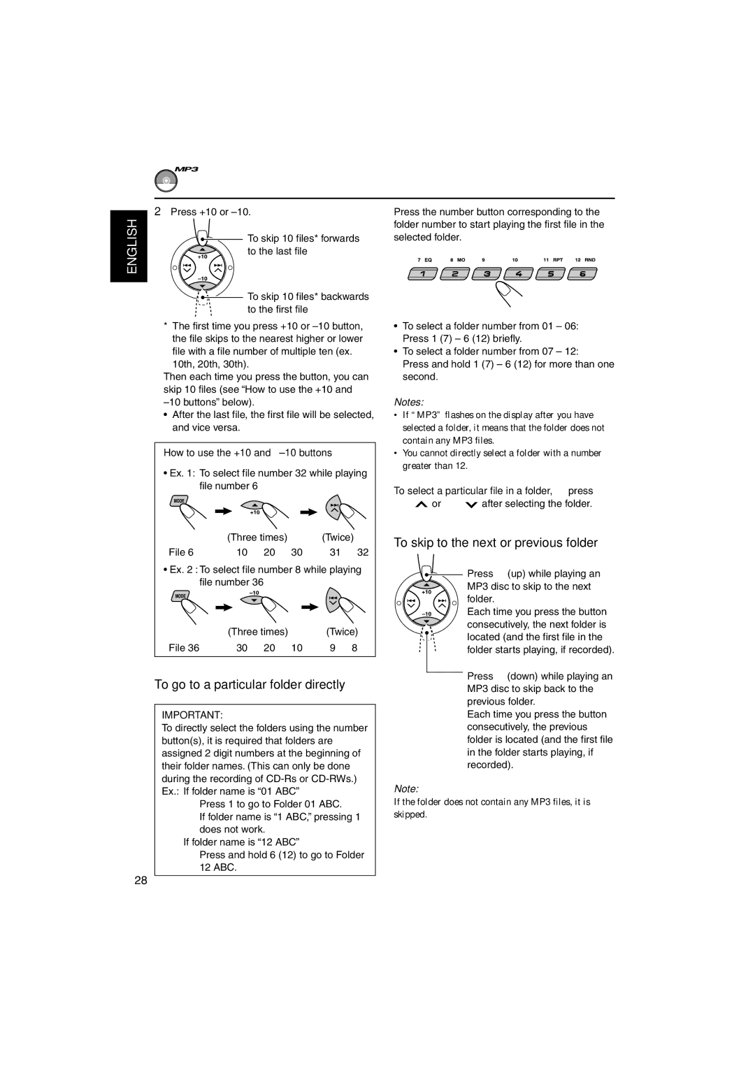 JVC GET0125-001A manual To go to a particular folder directly, To skip to the next or previous folder 