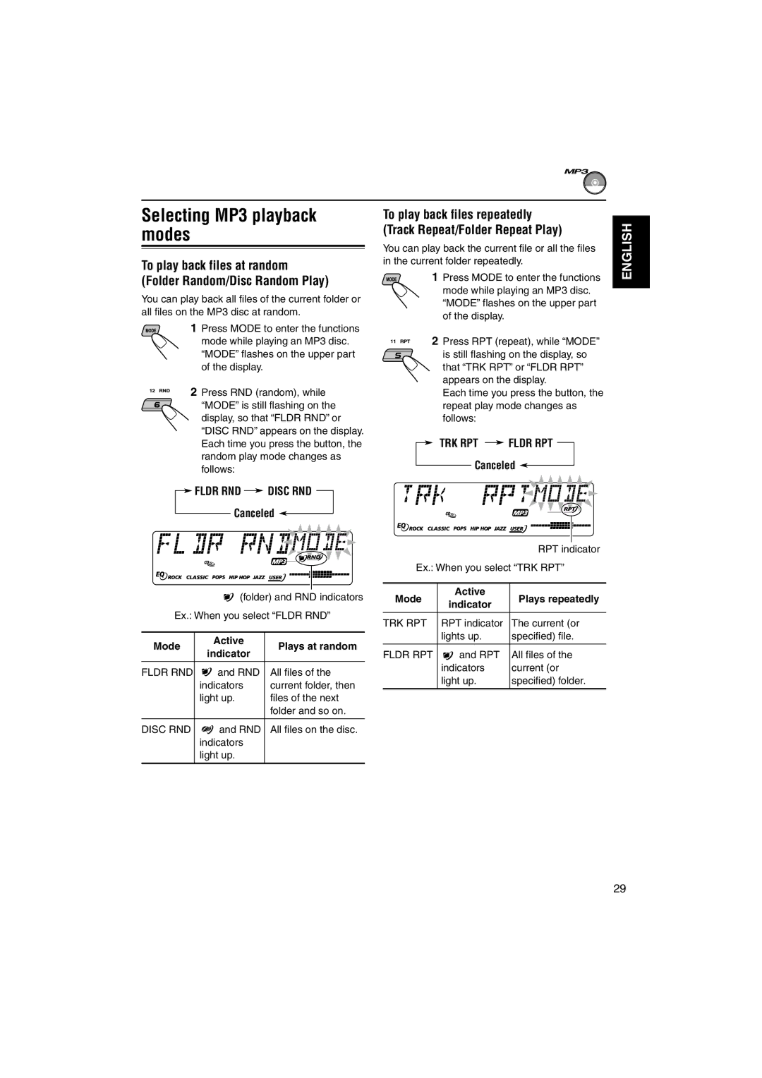 JVC GET0125-001A manual Selecting MP3 playback modes, To play back files at random Folder Random/Disc Random Play, Canceled 