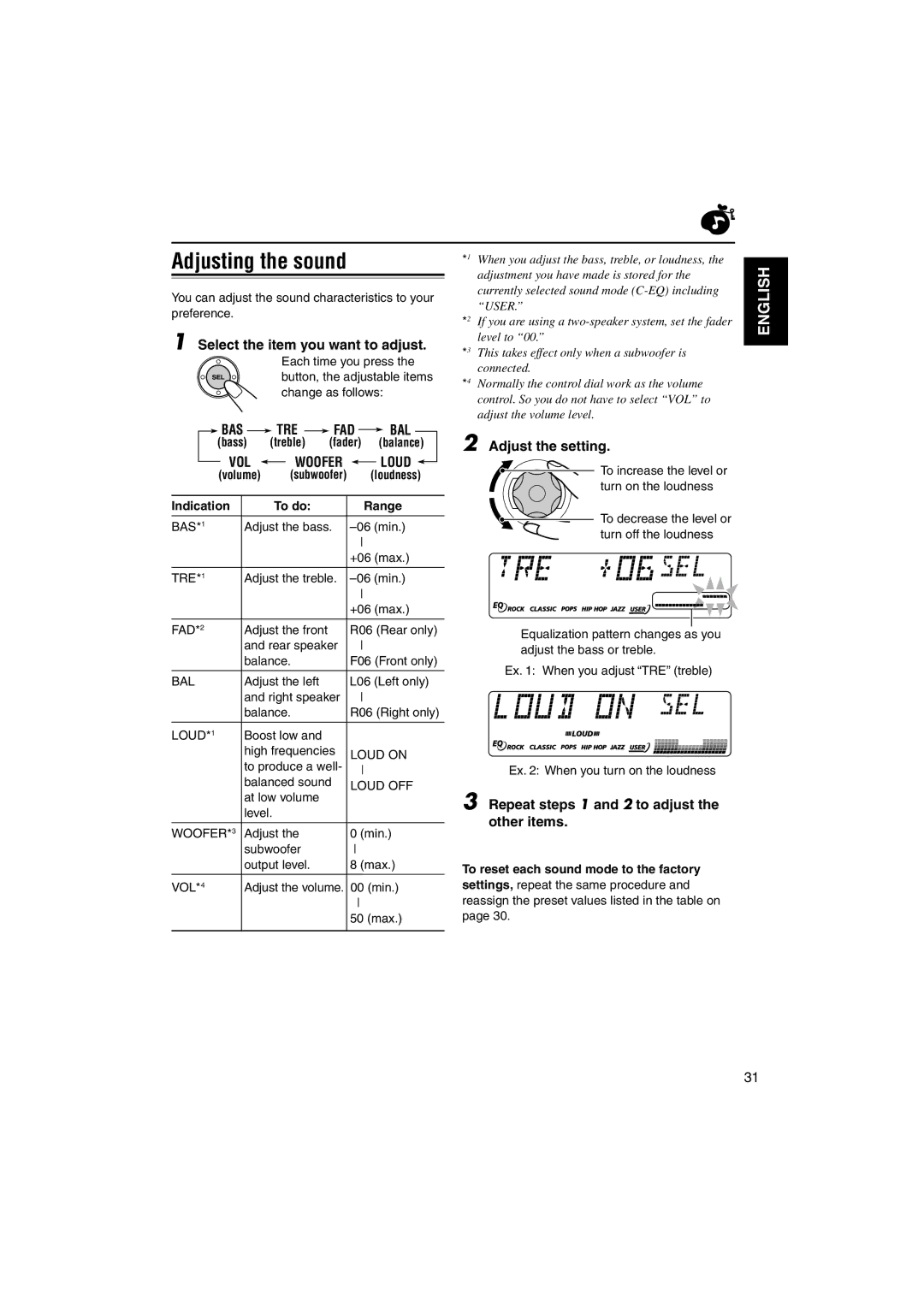 JVC GET0125-001A manual Adjusting the sound, Bas, Bal, Vol, Loud 