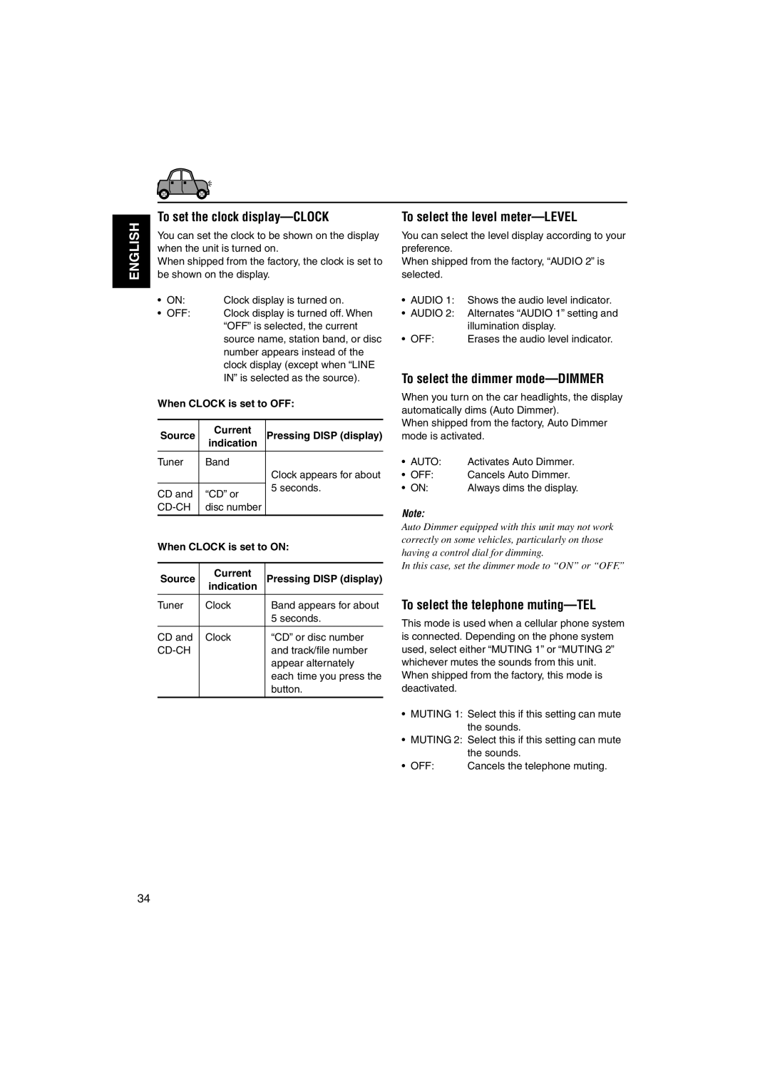 JVC GET0125-001A manual To set the clock display-CLOCK, To select the level meter-LEVEL, To select the dimmer mode-DIMMER 