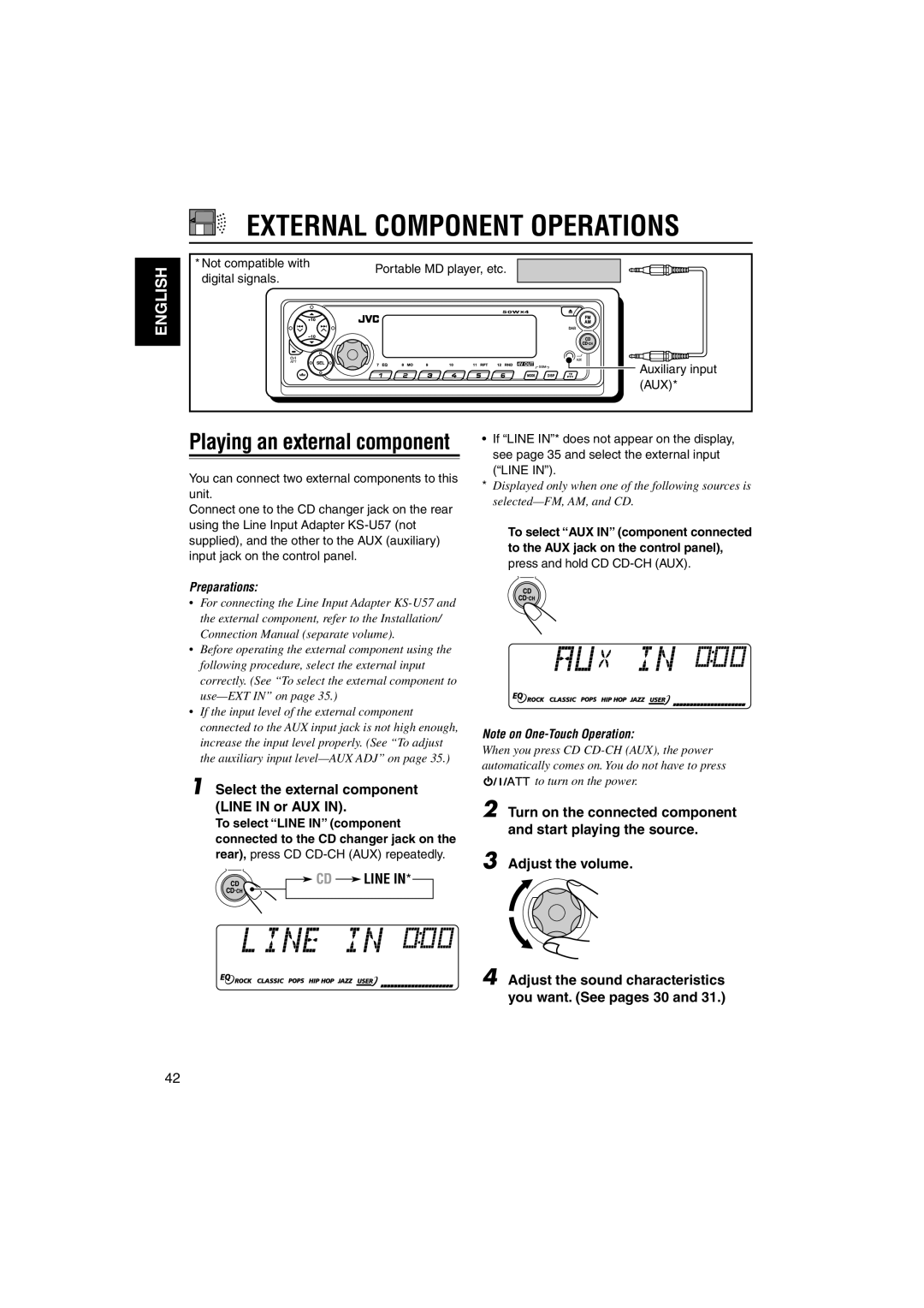 JVC GET0125-001A manual External Component Operations, Select the external component Line in or AUX, CD Line 