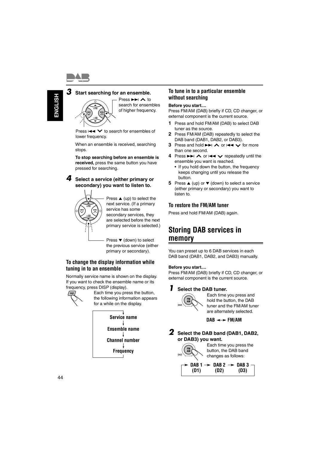 JVC GET0125-001A manual Storing DAB services in memory, To tune in to a particular ensemble without searching 