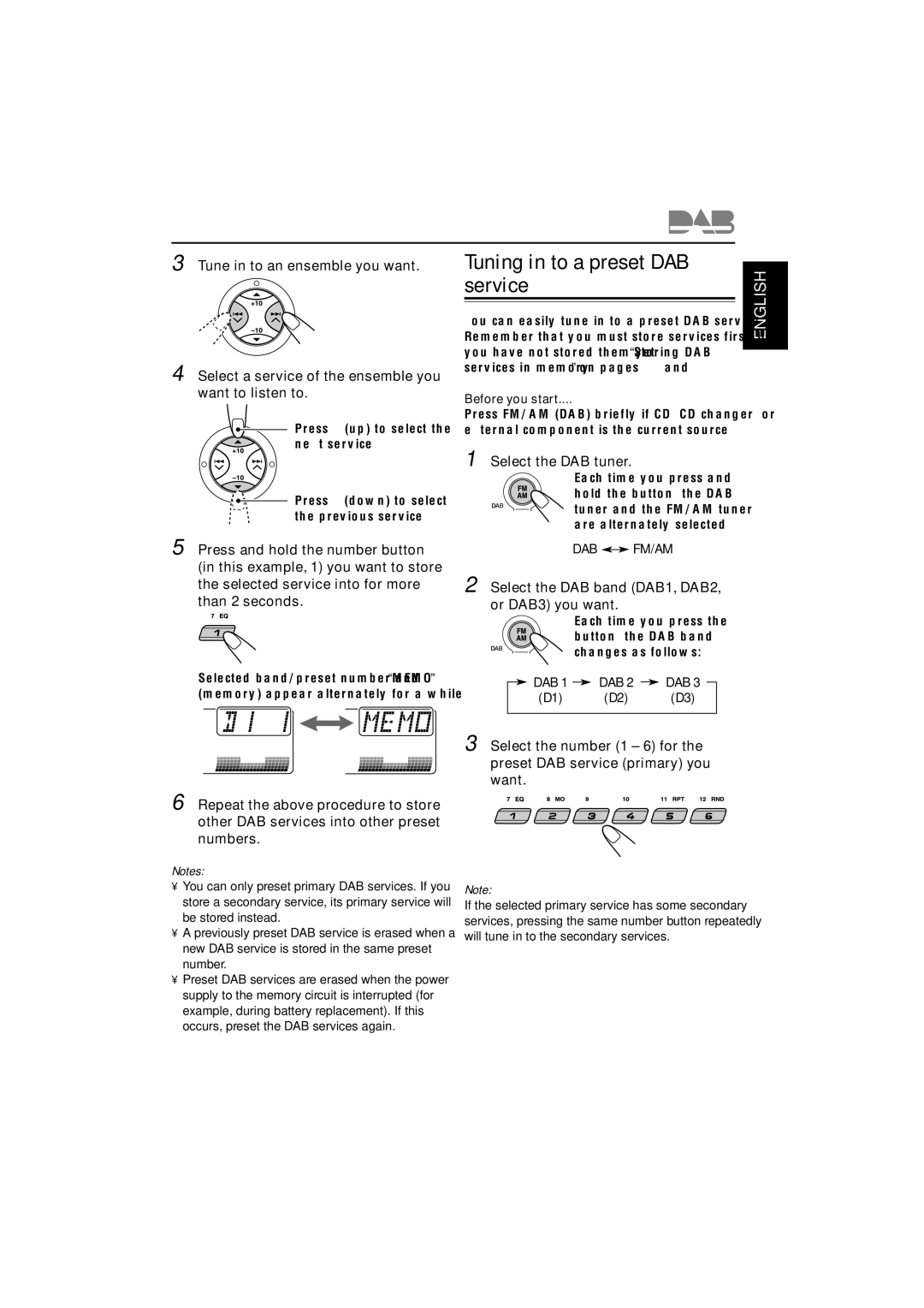 JVC GET0125-001A manual Tuning in to a preset DAB, Service, Press 5 up to select the next service 