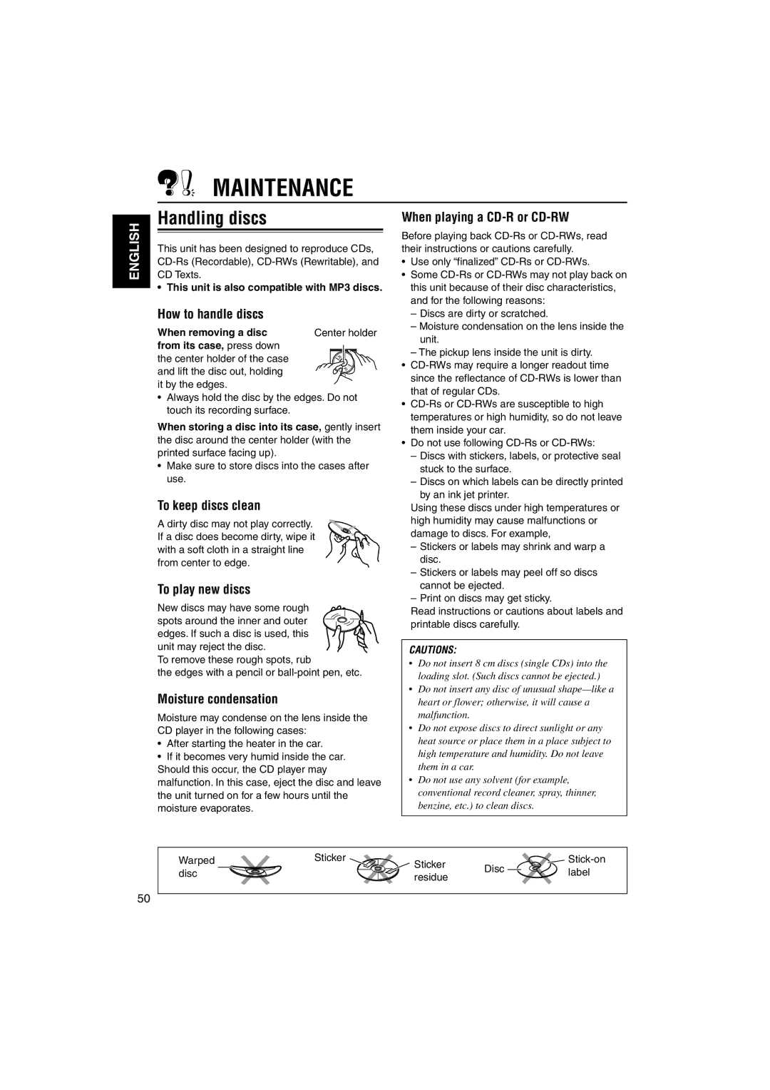 JVC GET0125-001A manual Maintenance, Handling discs 