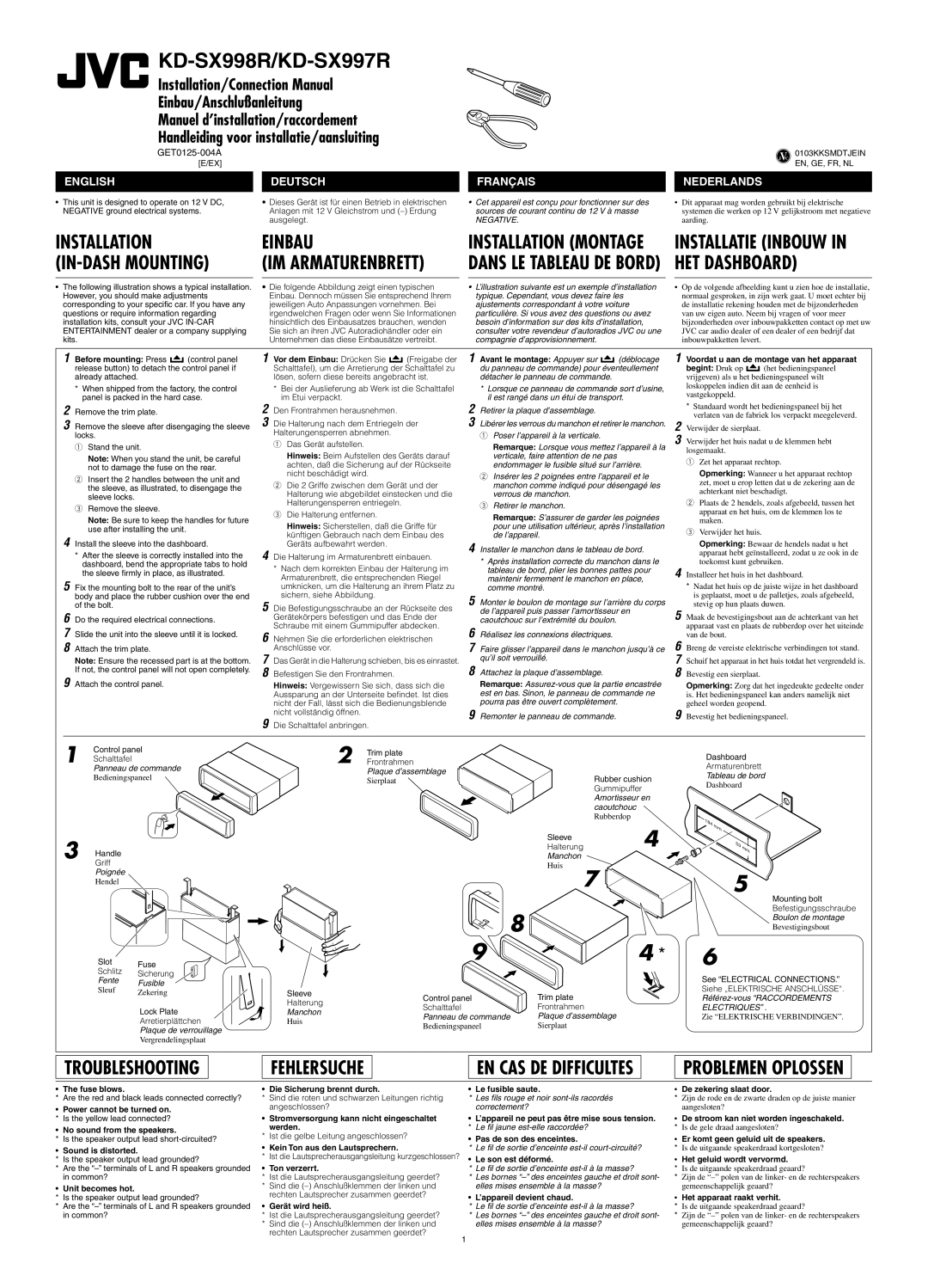 JVC GET0125-001A manual Before mounting Press, Vor dem Einbau Drücken Sie, Avant le montage Appuyer sur, Begint Druk op 