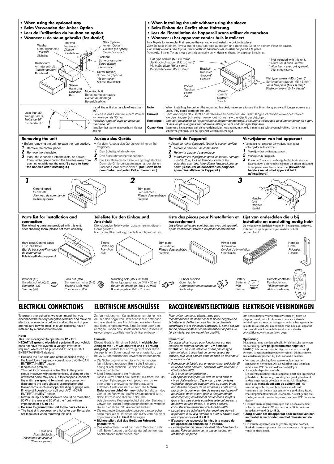 JVC GET0125-001A manual Hinweis, Remarque, Be sure to ground this unit to the car’s chassis, Opmerking 