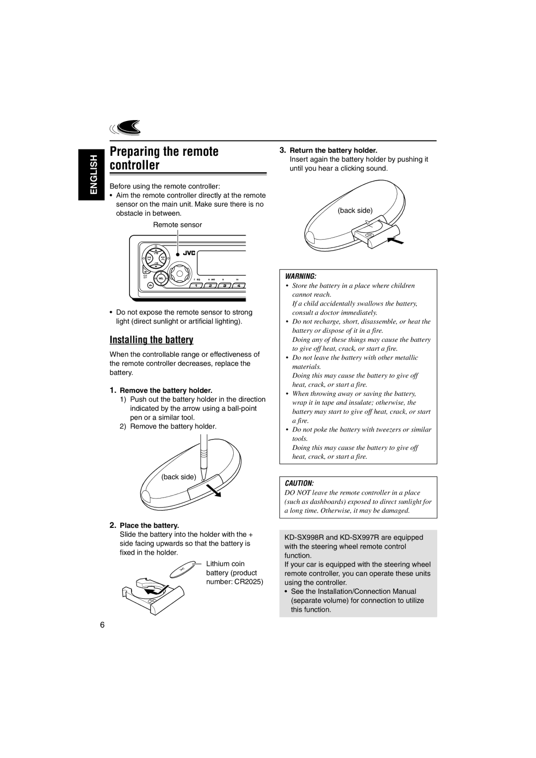 JVC GET0125-001A manual Preparing the remote, Controller, Installing the battery 