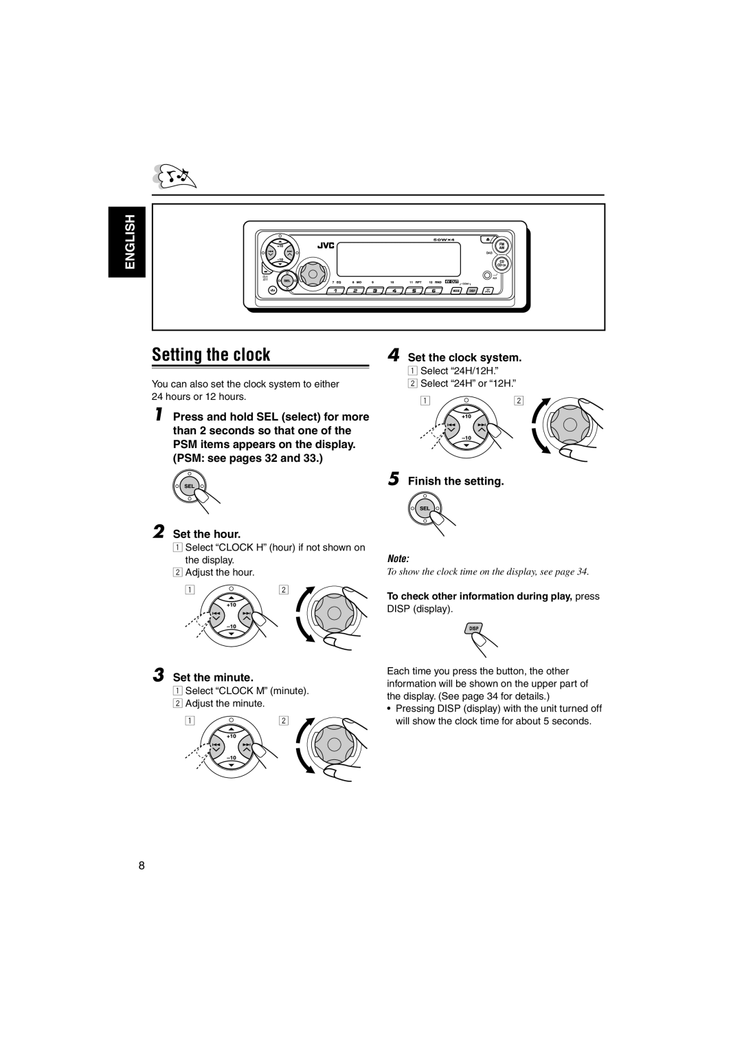 JVC GET0125-001A manual Setting the clock, Set the minute, Set the clock system, Finish the setting 