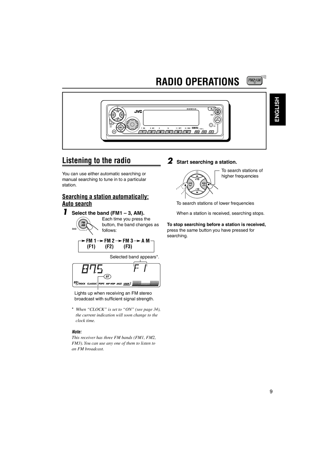 JVC GET0125-001A manual Radio Operations, Listening to the radio, Searching a station automatically Auto search 