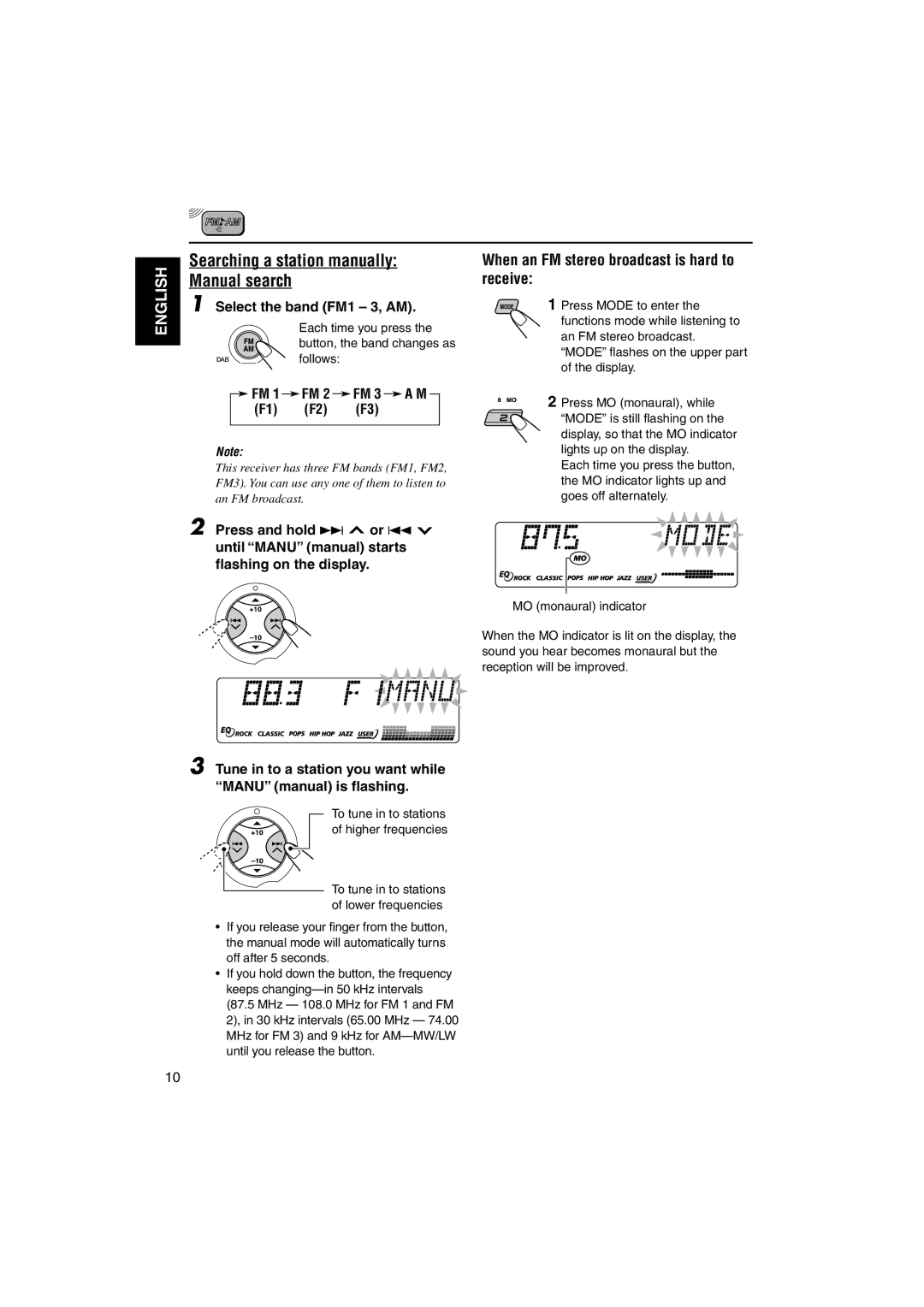 JVC GET0126-001A Searching a station manually Manual search, When an FM stereo broadcast is hard to receive 