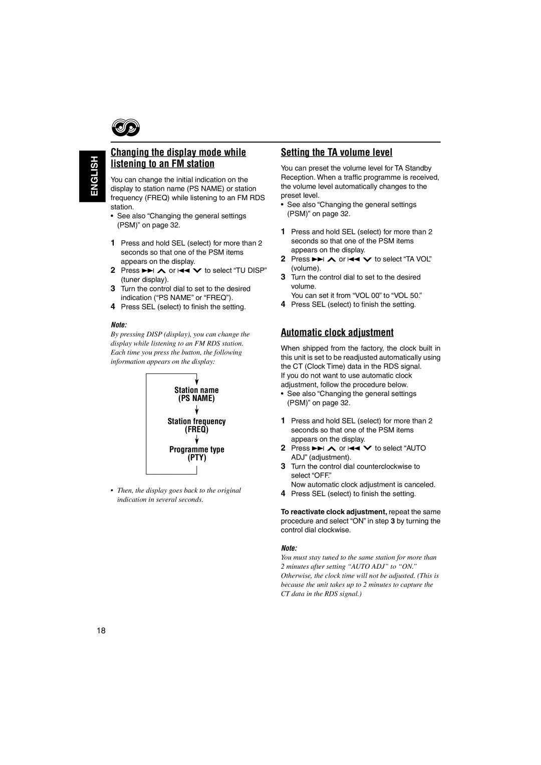 JVC GET0126-001A manual Listening to an FM station, Setting the TA volume level, Automatic clock adjustment 