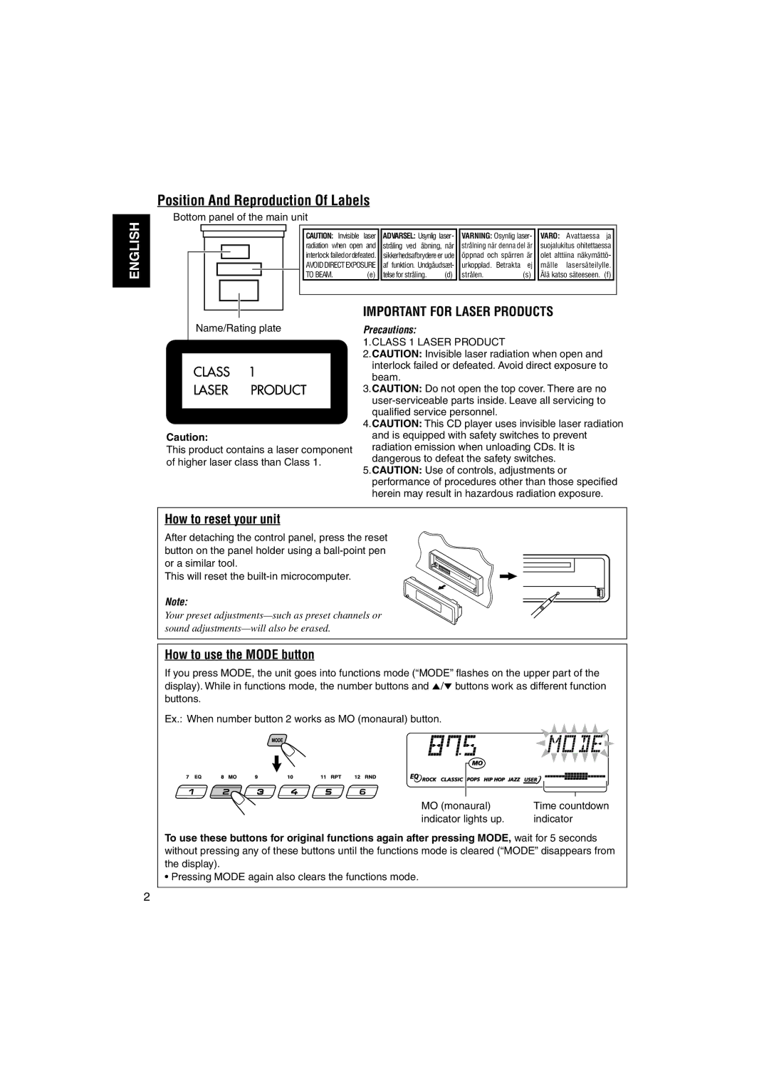 JVC GET0126-001A manual Position And Reproduction Of Labels, How to reset your unit, How to use the Mode button 