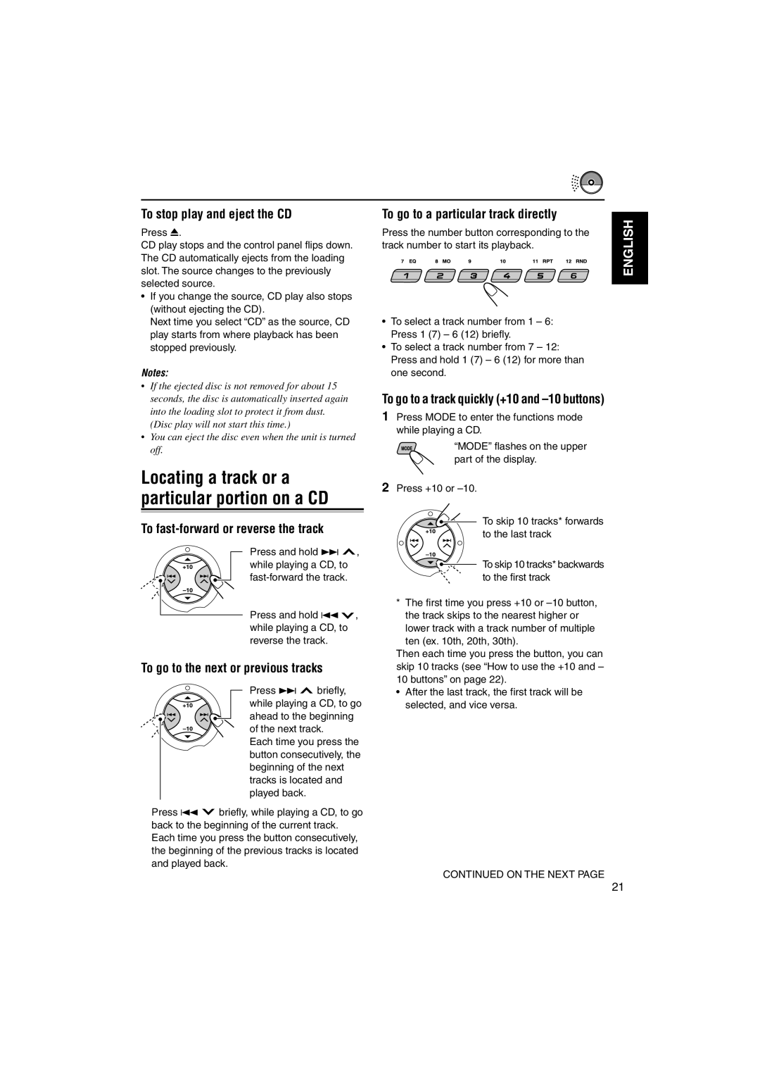 JVC GET0126-001A To stop play and eject the CD, To fast-forward or reverse the track, To go to the next or previous tracks 