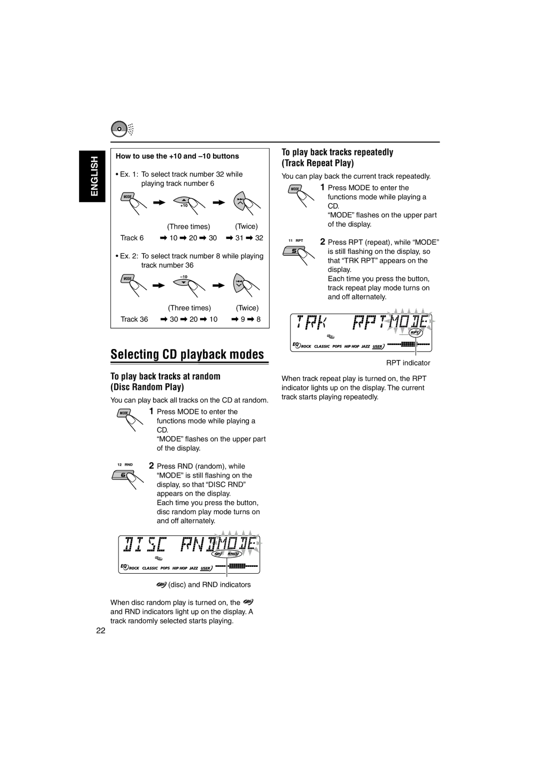 JVC GET0126-001A To play back tracks at random Disc Random Play, How to use the +10 and -10 buttons, Track 36 \ 30 \ 20 