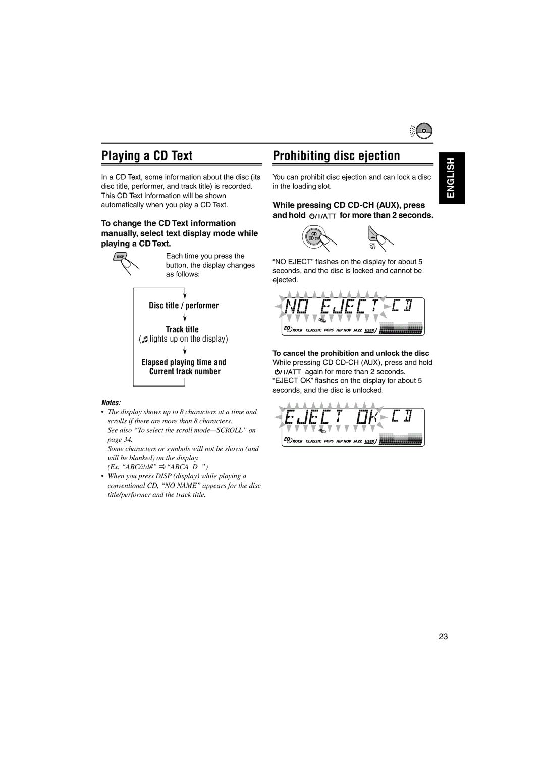 JVC GET0126-001A manual Playing a CD Text Prohibiting disc ejection, Disc title / performer Track title 