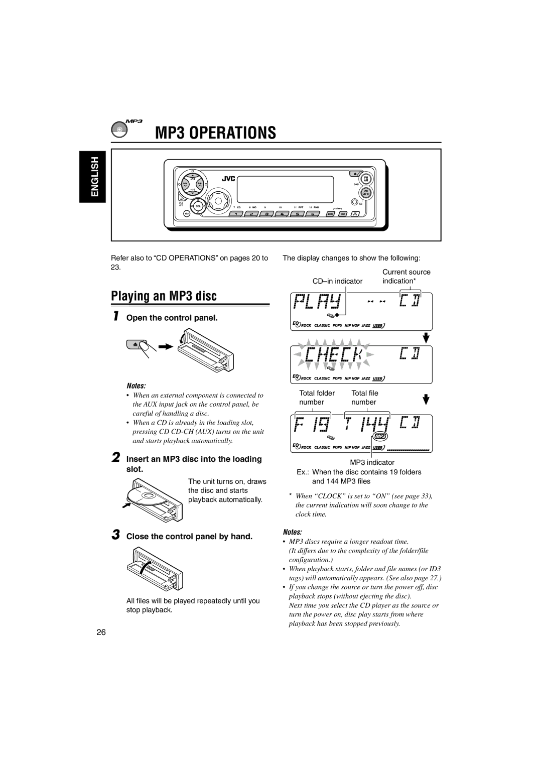 JVC GET0126-001A manual MP3 Operations, Playing an MP3 disc, Insert an MP3 disc into the loading slot 