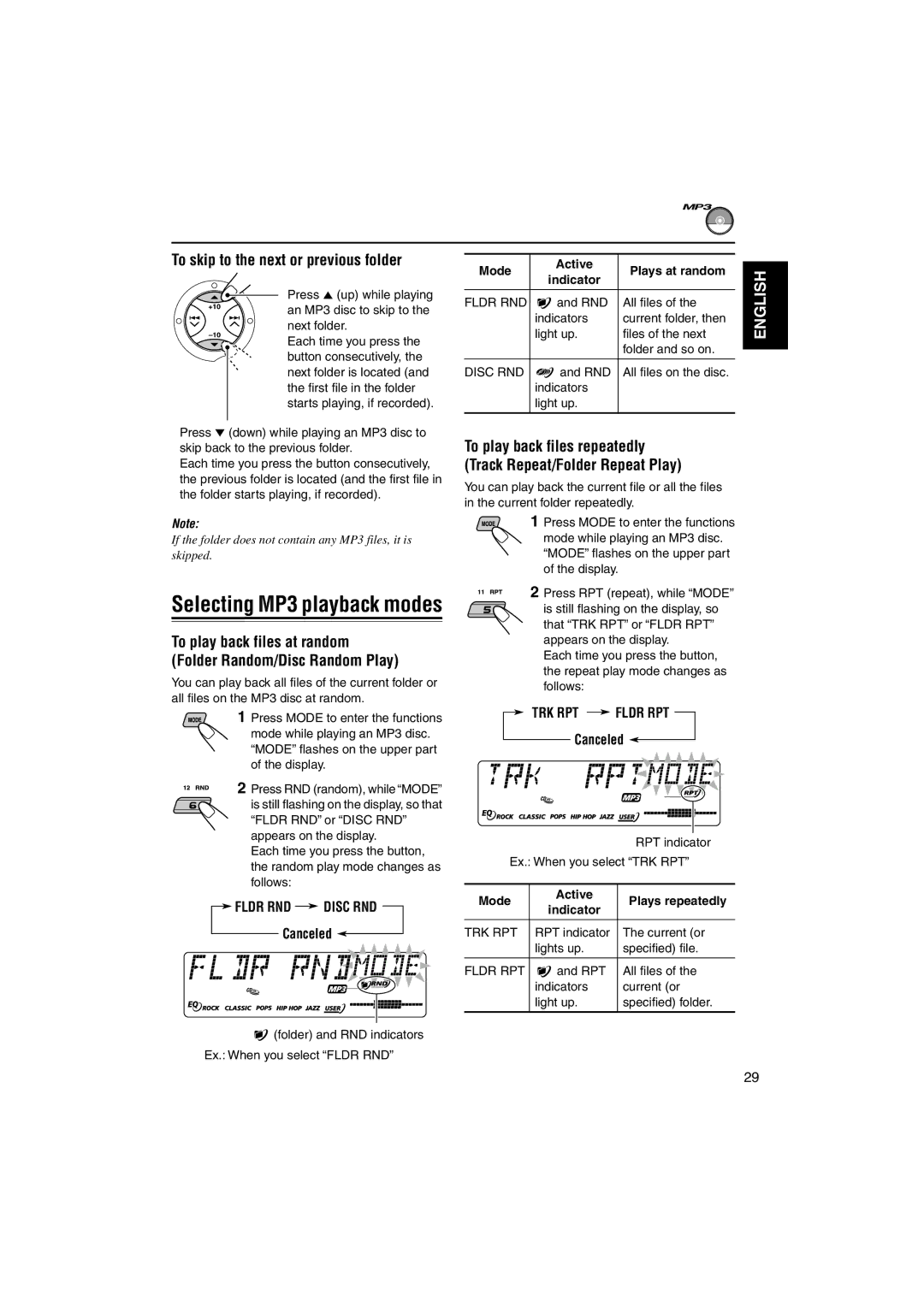 JVC GET0126-001A manual To skip to the next or previous folder, To play back files at random Folder Random/Disc Random Play 