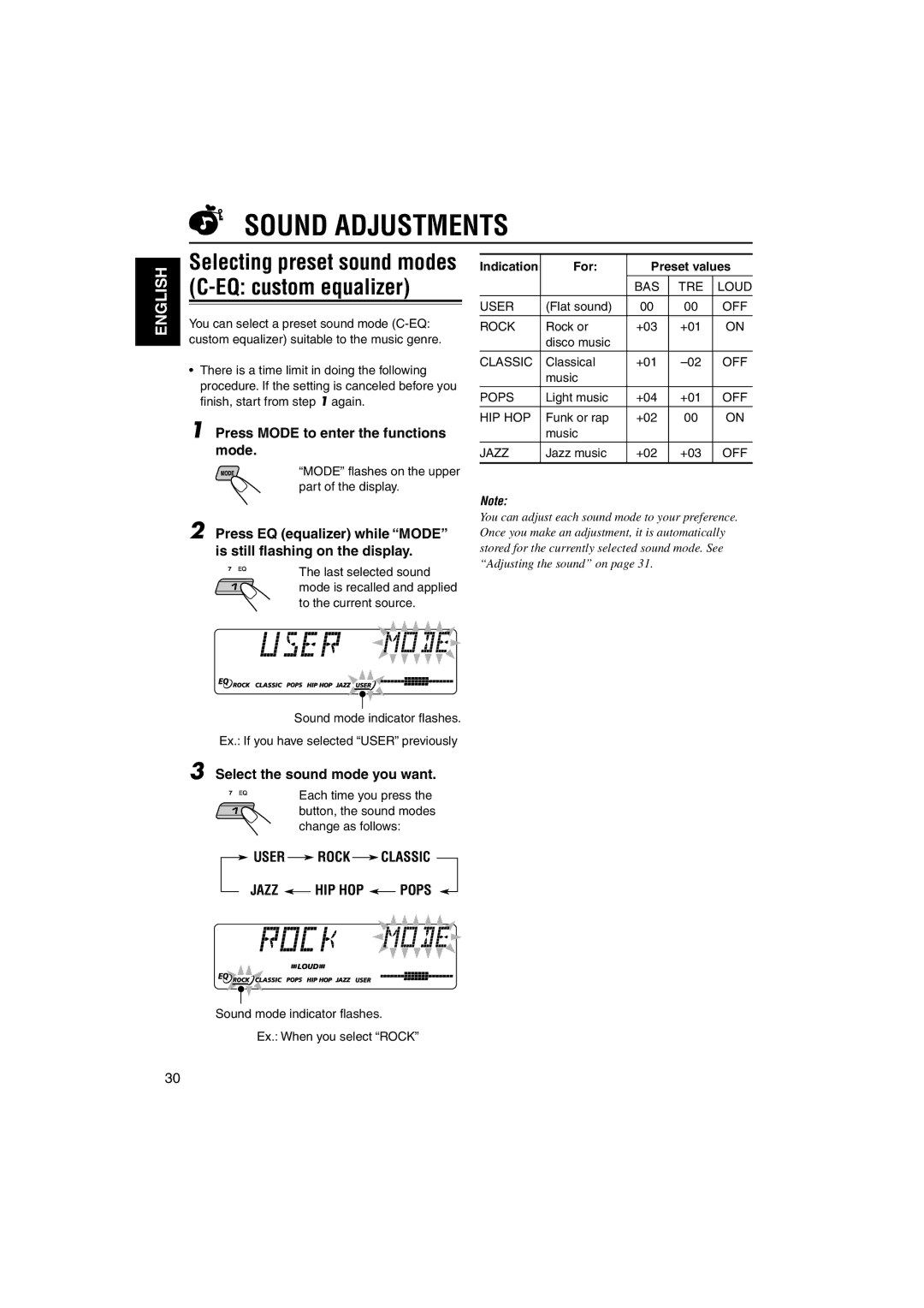 JVC GET0126-001A Sound Adjustments, Selecting preset sound modes C-EQ custom equalizer, Select the sound mode you want 